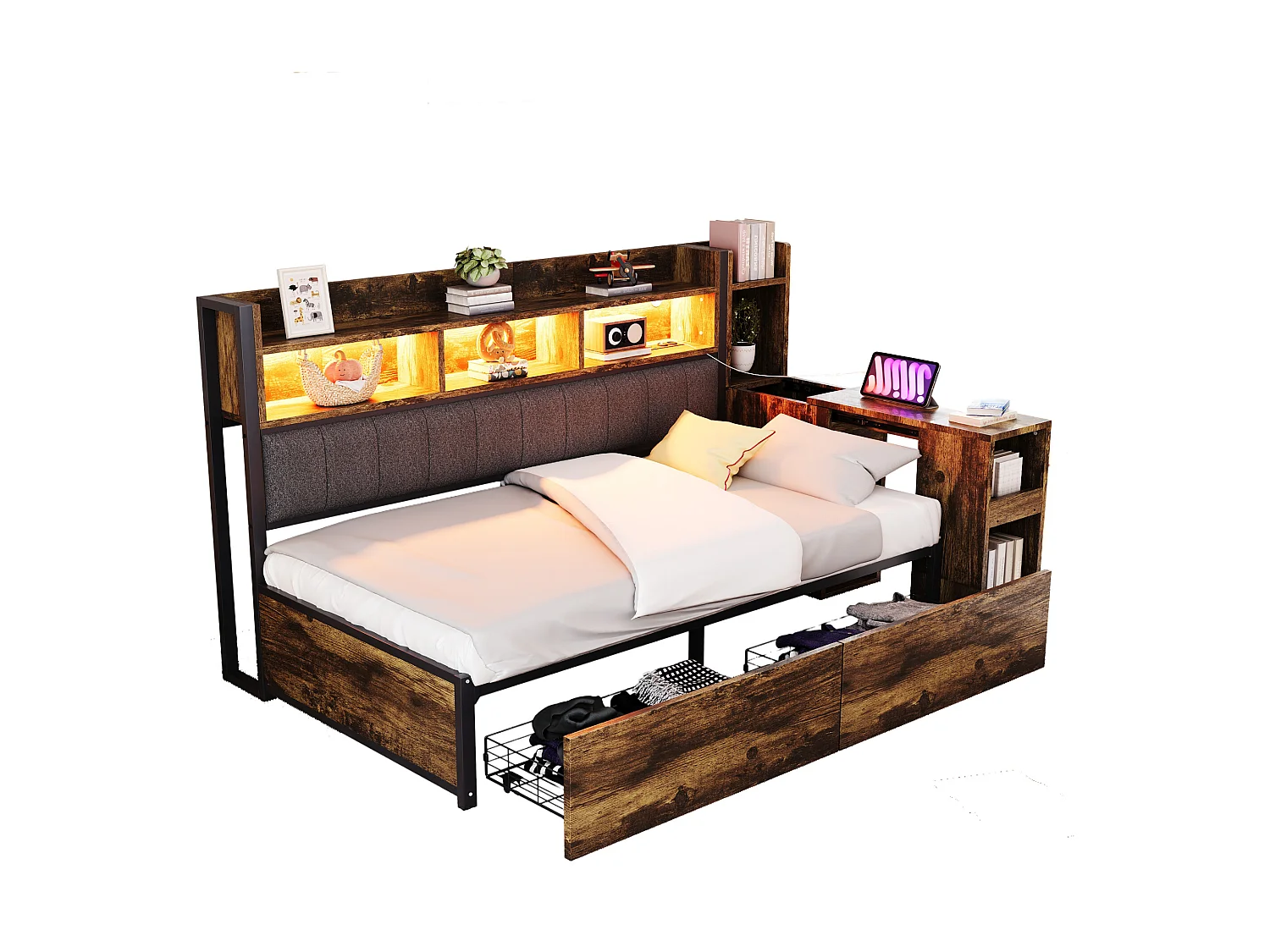 Canapé-lit en fer 90 x 200 cm - avec rangements + Leds + 2 tiroirs + bureau coulissant - MDF + méta - naturel