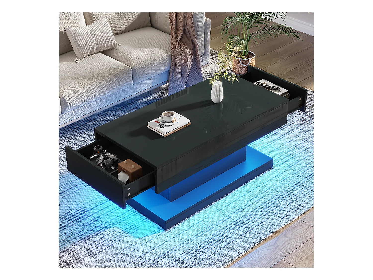 Table basse brillante de salon avec 2 tiroirs + Leds - 100 x 50 x 45 cm - aggloméré - noir