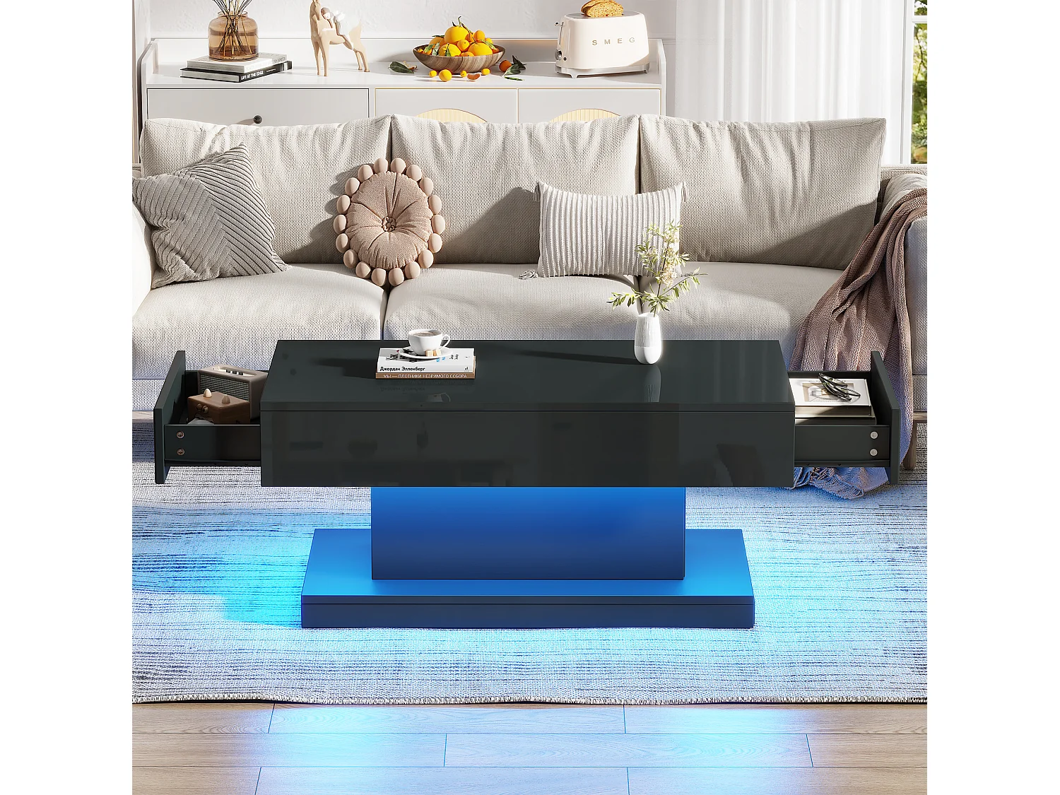 Table basse brillante de salon avec 2 tiroirs + Leds - 100 x 50 x 45 cm - aggloméré - noir