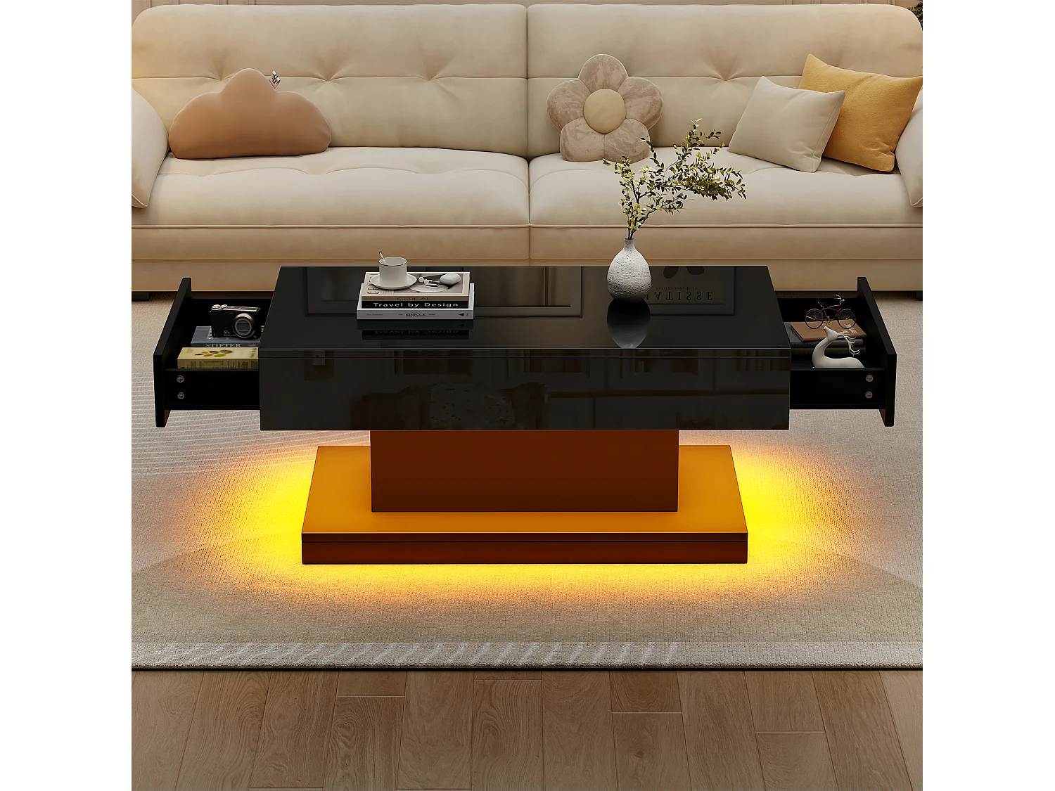 Table basse brillante de salon avec 2 tiroirs + Leds - 100 x 50 x 45 cm - aggloméré - noir