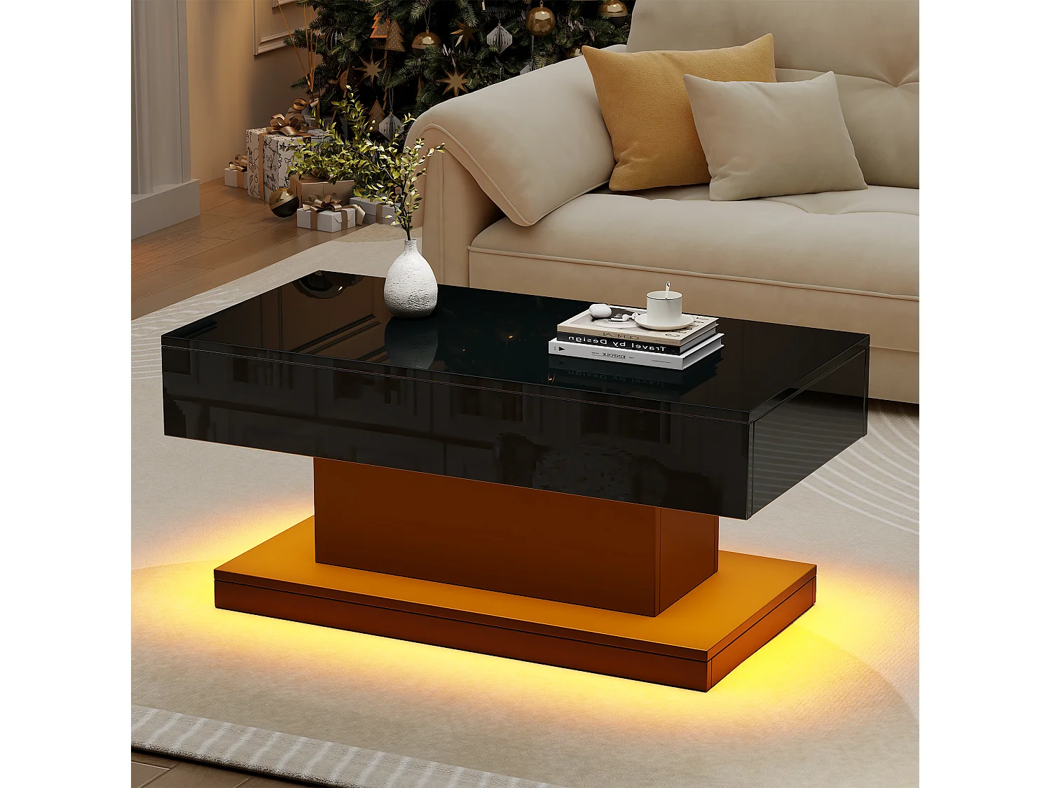 Table basse brillante de salon avec 2 tiroirs + Leds - 100 x 50 x 45 cm - aggloméré - noir