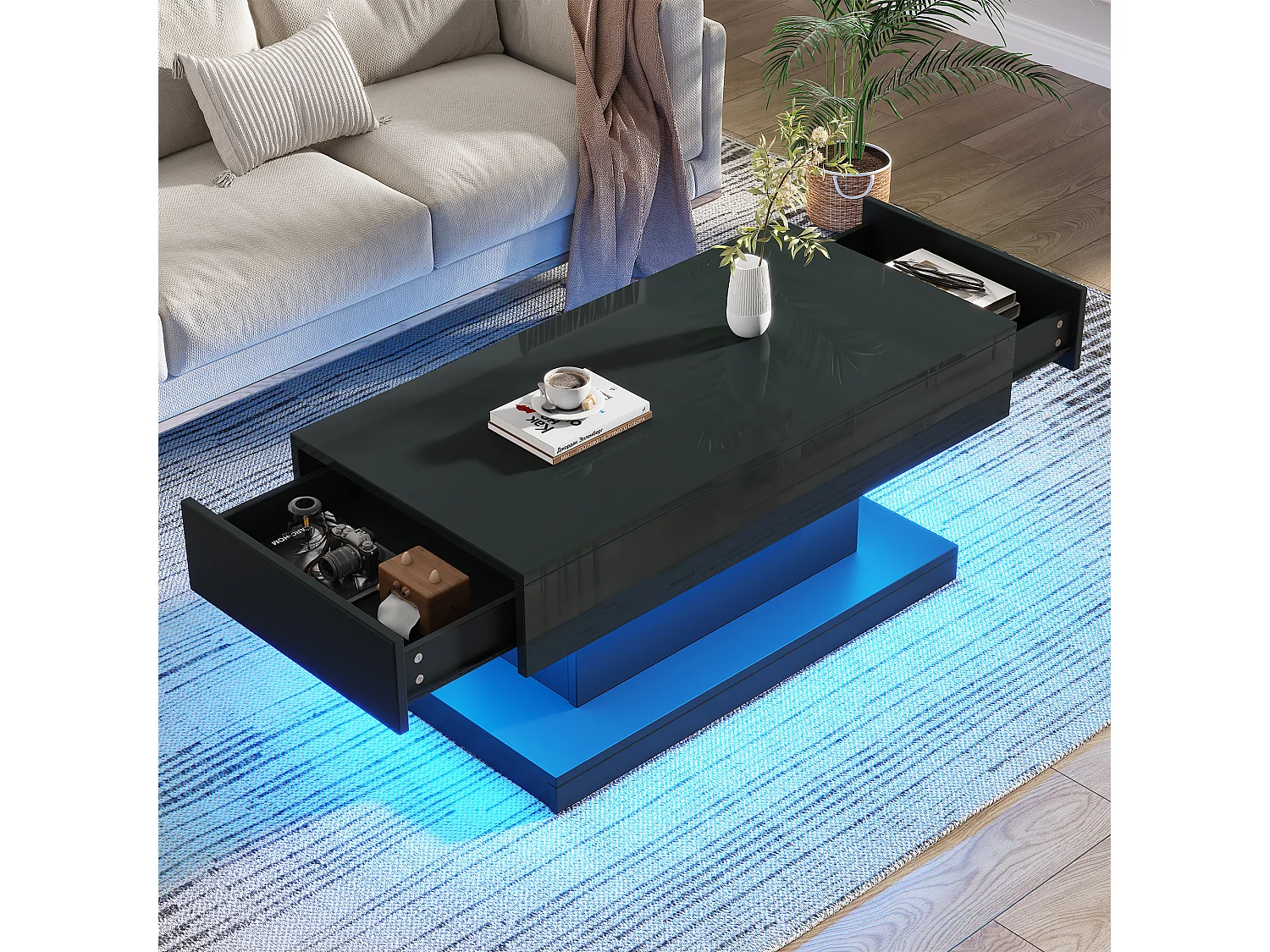Table basse brillante de salon avec 2 tiroirs + Leds - 100 x 50 x 45 cm - aggloméré - noir