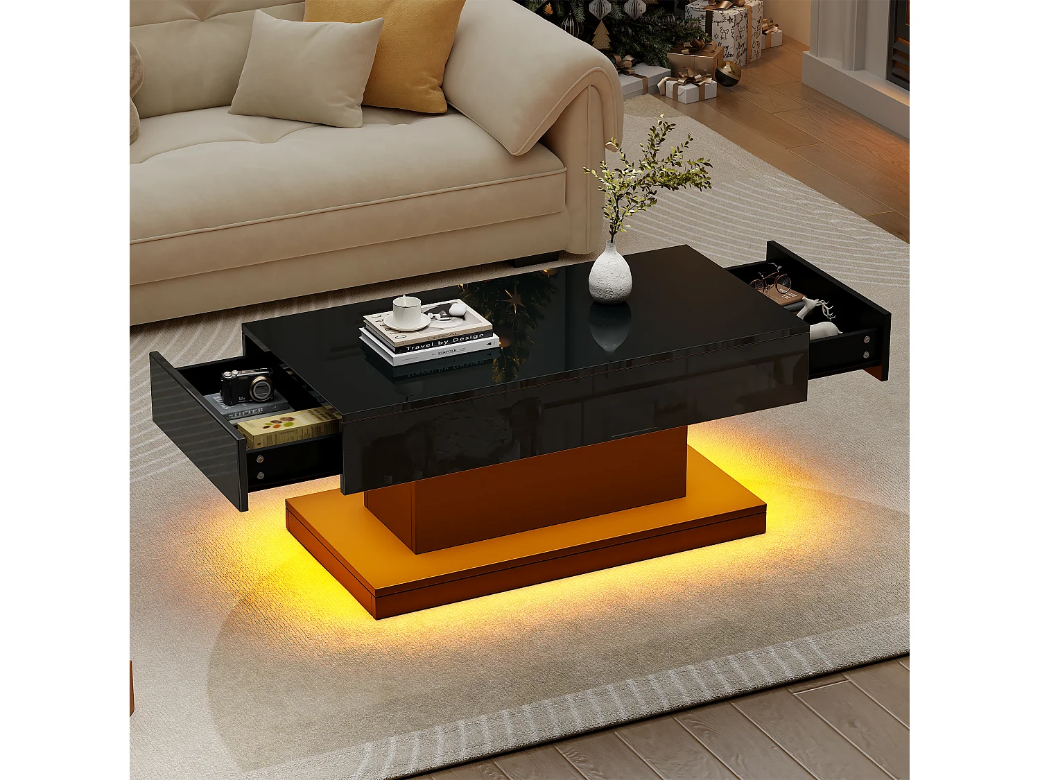 Table basse brillante de salon avec 2 tiroirs + Leds - 100 x 50 x 45 cm - aggloméré - noir