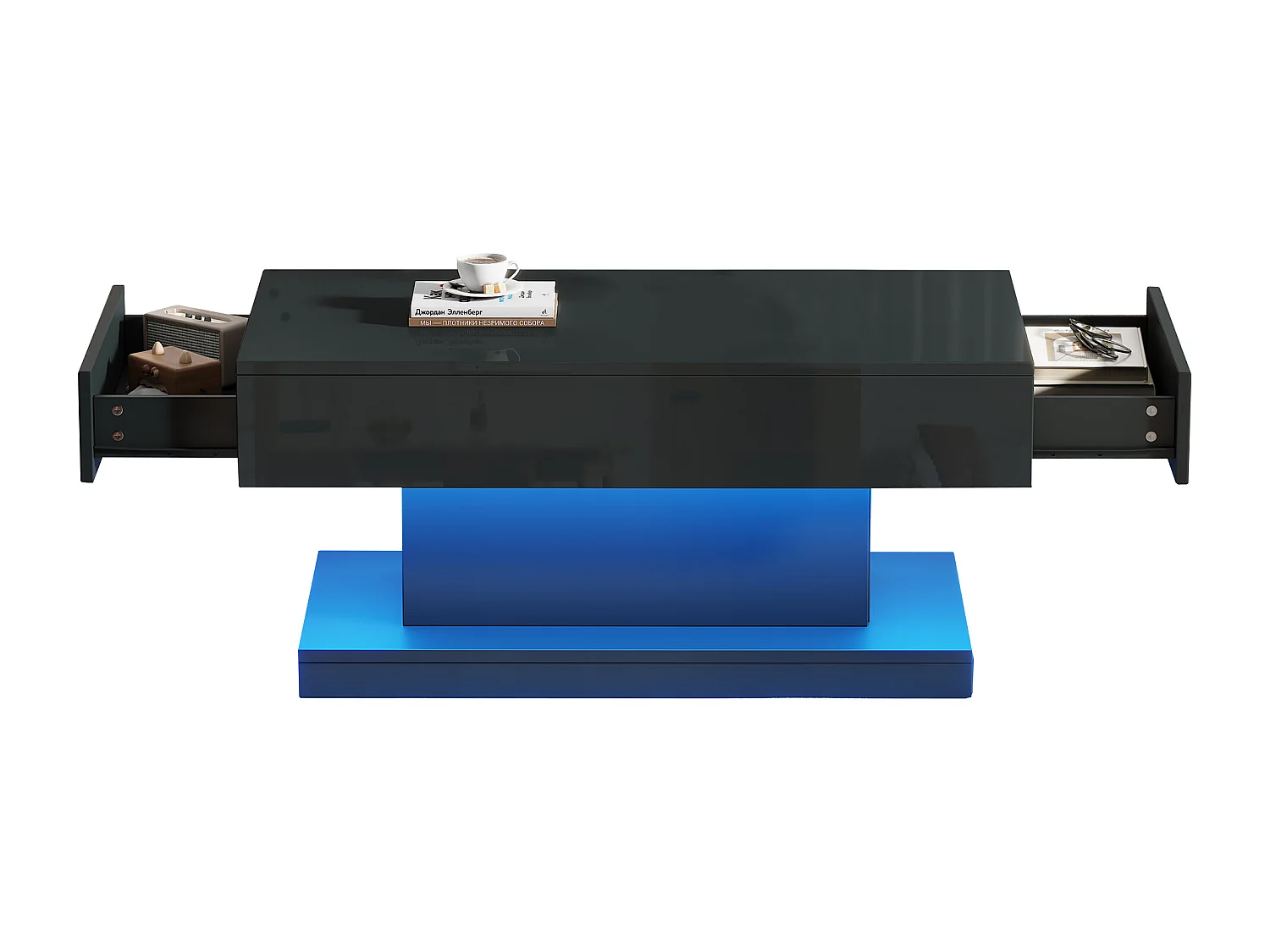 Table basse brillante de salon avec 2 tiroirs + Leds - 100 x 50 x 45 cm - aggloméré - noir