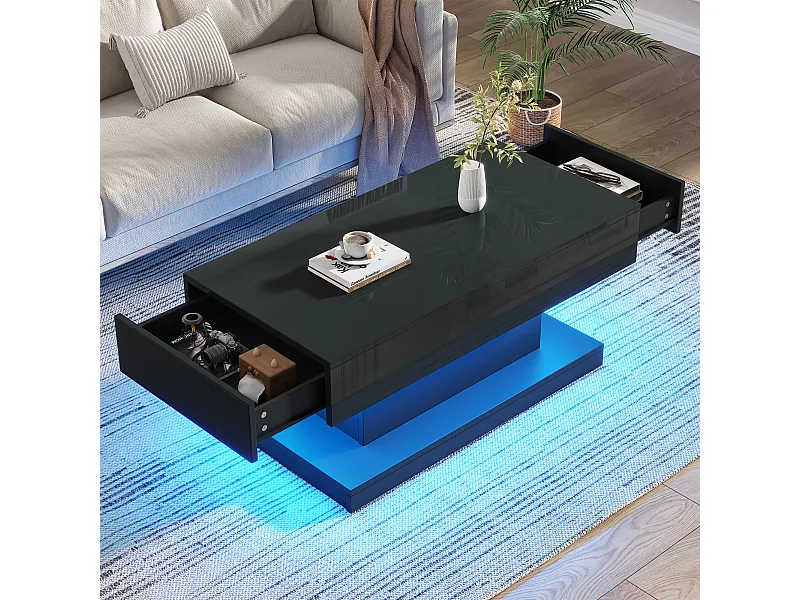 Table basse brillante de salon avec 2 tiroirs + Leds - 100 x 50 x 45 cm - aggloméré - noir