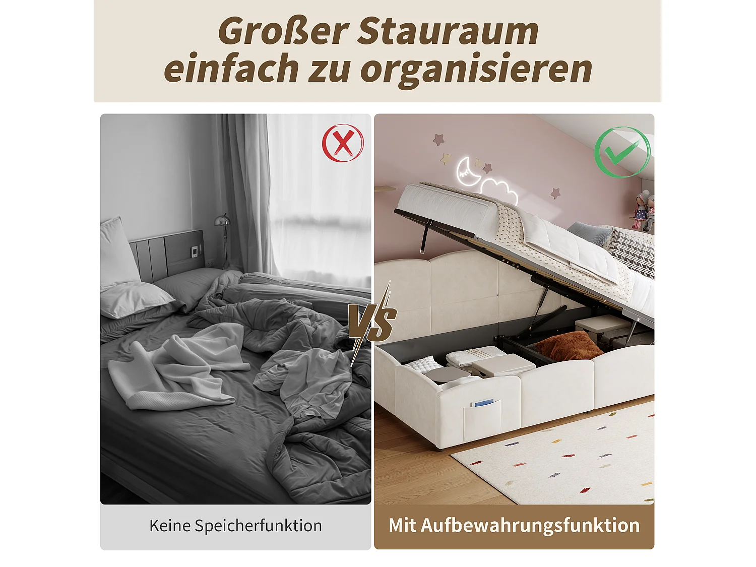 Canapé-lit rembourré enfant - 90 x 200 cm - avec rangement hydraulique + sommier à lattes - velours - beige