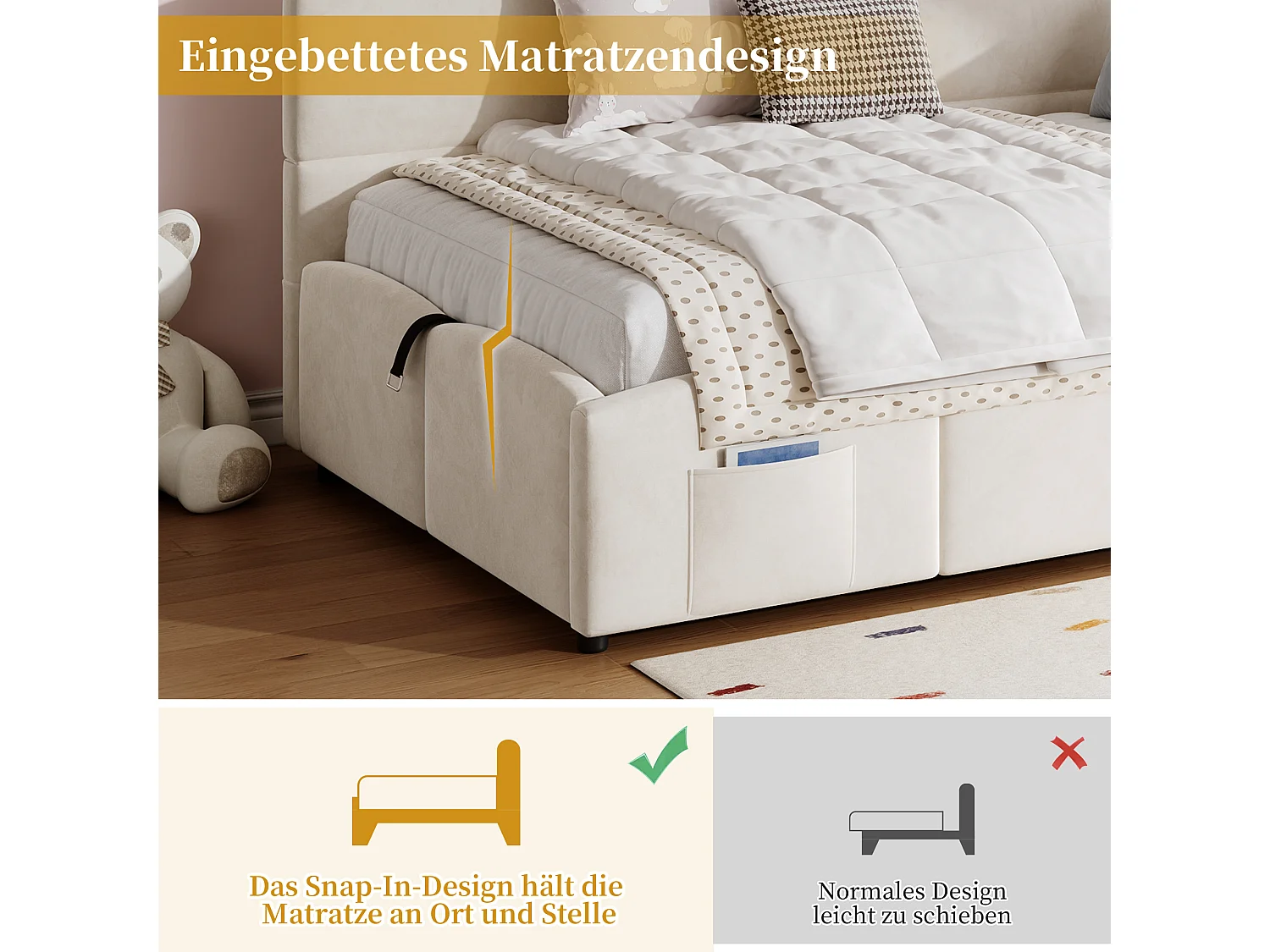 Canapé-lit rembourré enfant - 90 x 200 cm - avec rangement hydraulique + sommier à lattes - velours - beige