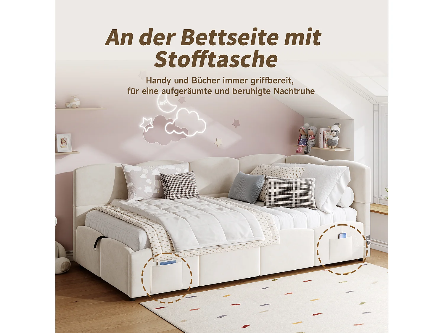 Canapé-lit rembourré enfant - 90 x 200 cm - avec rangement hydraulique + sommier à lattes - velours - beige