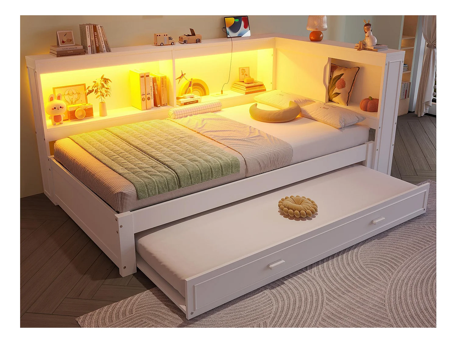 Slaapbank 90x200 cm - met opbergbed - met LED-verlichting - met stopcontact + 1 USB-poort + 1 Type-C-poort - wit (matras niet inbegrepen)