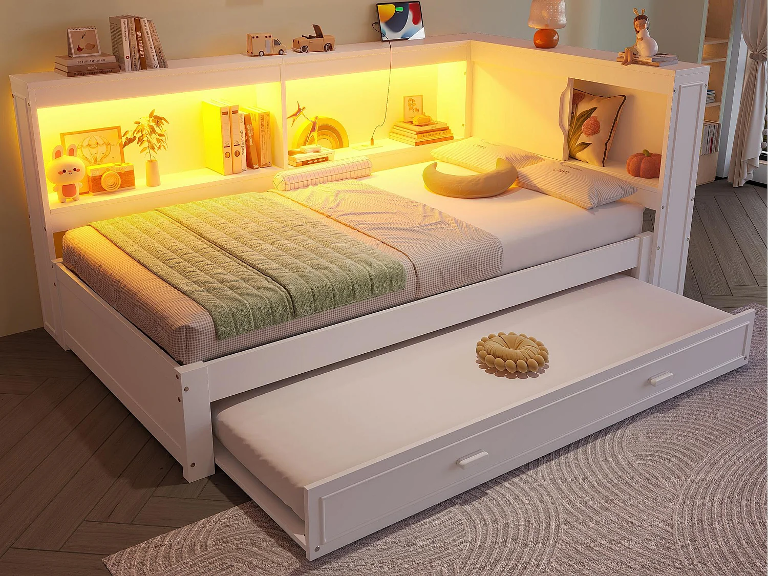 Canapé-lit 90x200 cm - avec lit gigogne - avec éclairage LED - avec prise + 1 port USB + 1 port Type-C - blanc (matelas non inclus)