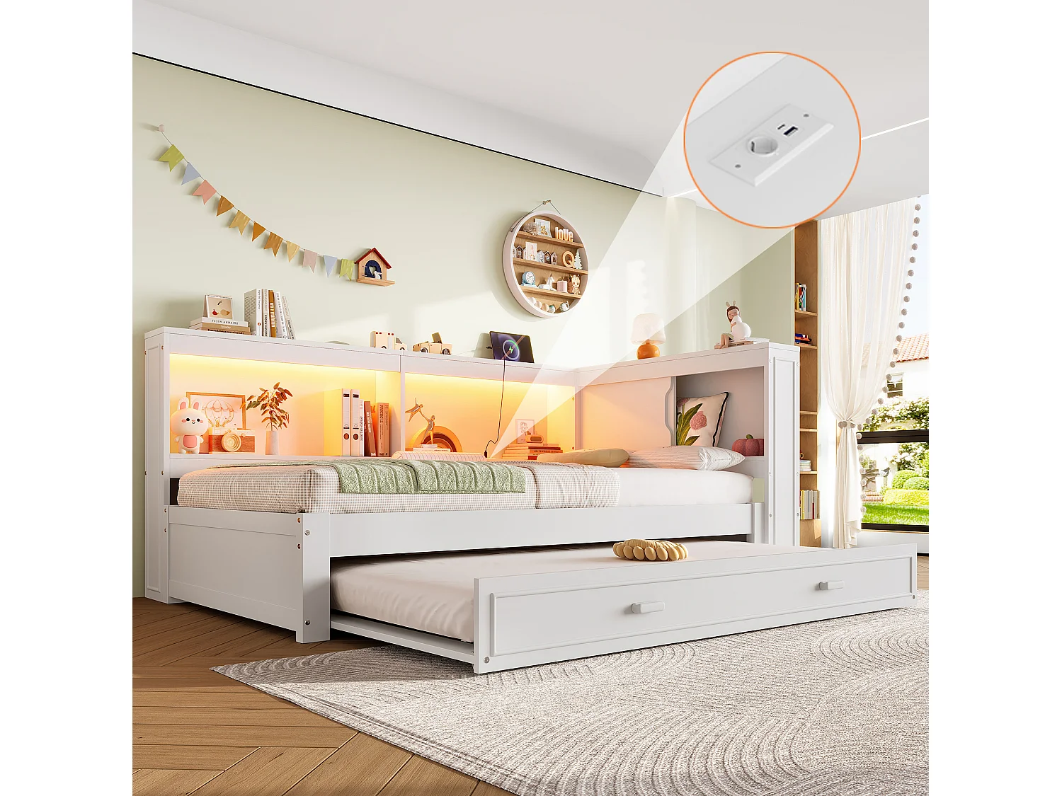 Canapé-lit 90x200 cm - avec lit gigogne - avec éclairage LED - avec prise + 1 port USB + 1 port Type-C - blanc (matelas non inclus)