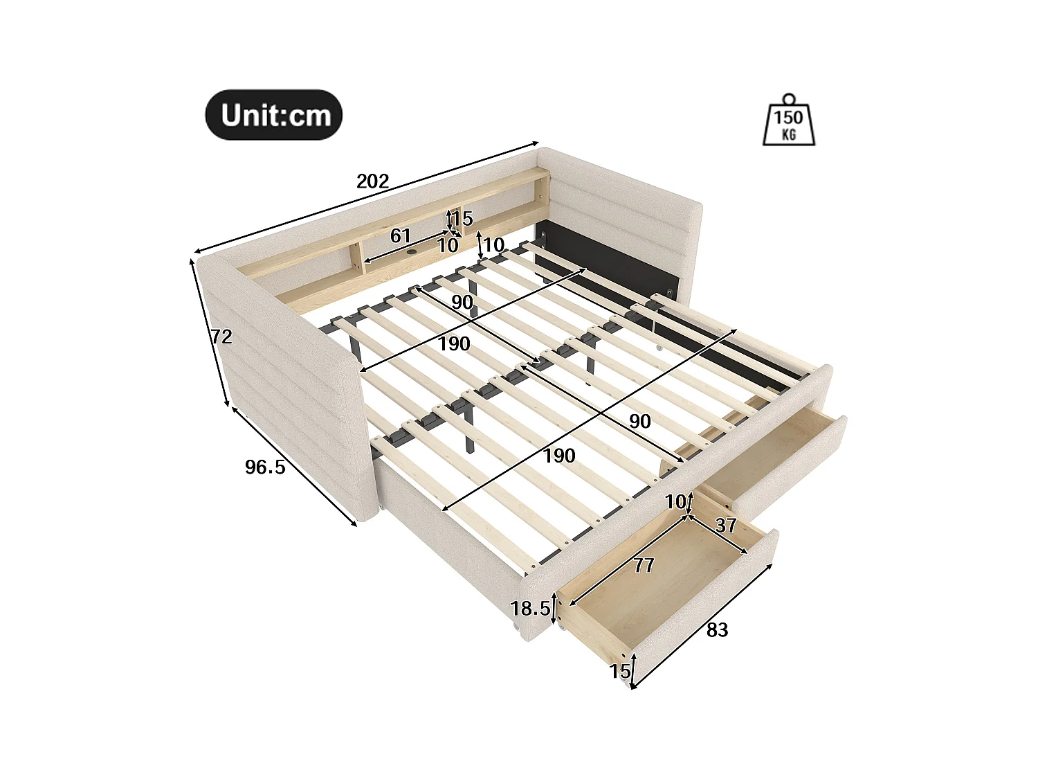 Canapé-lit 90x190 cm - avec lit gigogne - avec ports USB + Type-C - avec 2 tiroirs - bande lumineuse LED - beige (matelas non inclus)