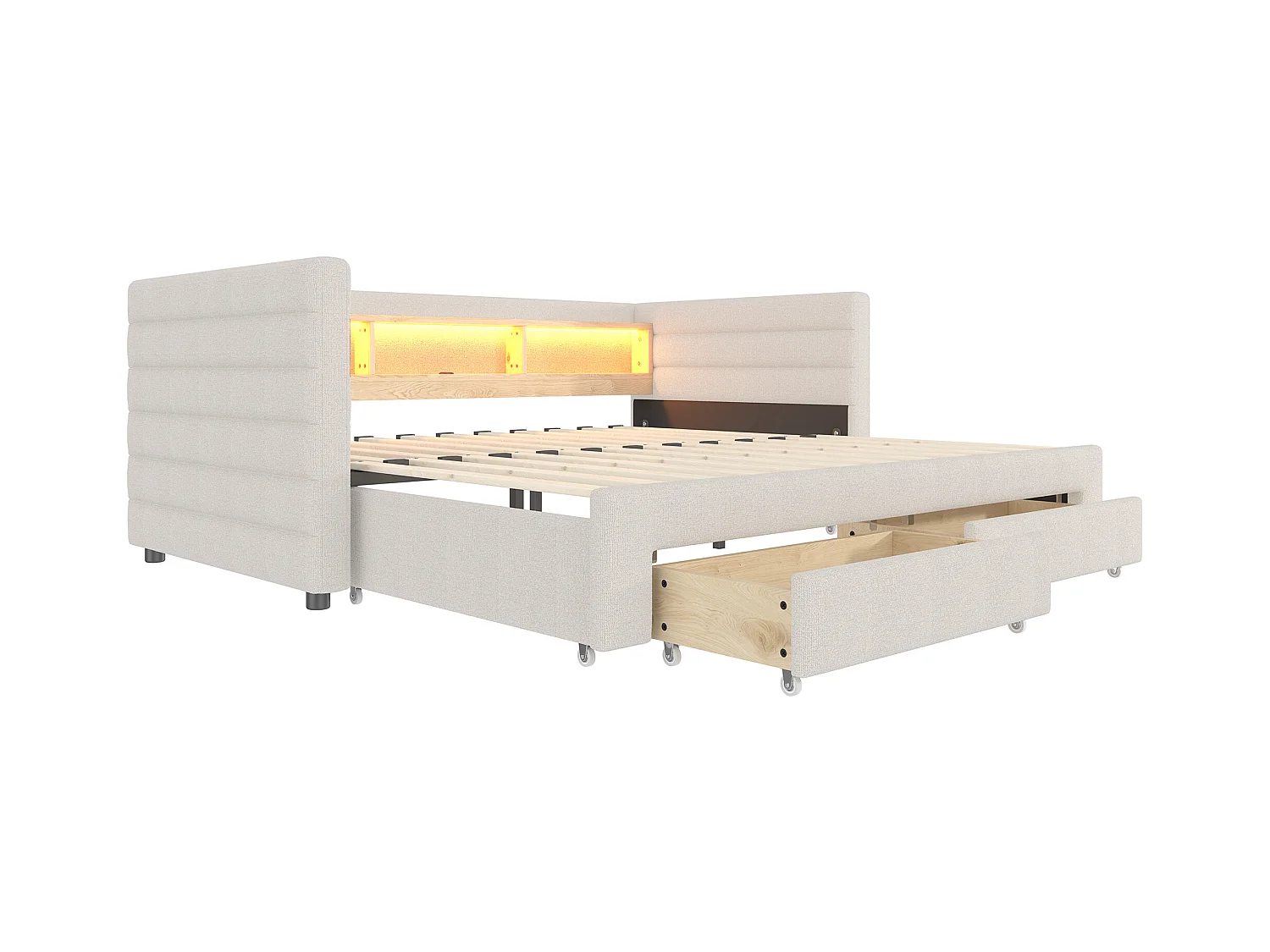 Canapé-lit 90x190 cm - avec lit gigogne - avec ports USB + Type-C - avec 2 tiroirs - bande lumineuse LED - beige (matelas non inclus)