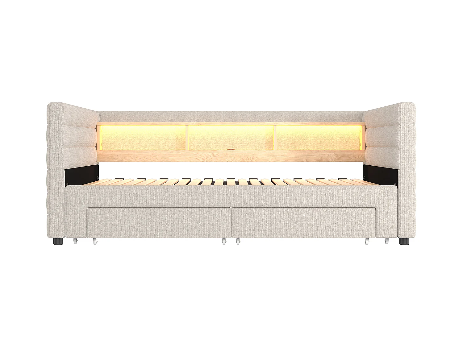Canapé-lit 90x190 cm - avec lit gigogne - avec ports USB + Type-C - avec 2 tiroirs - bande lumineuse LED - beige (matelas non inclus)