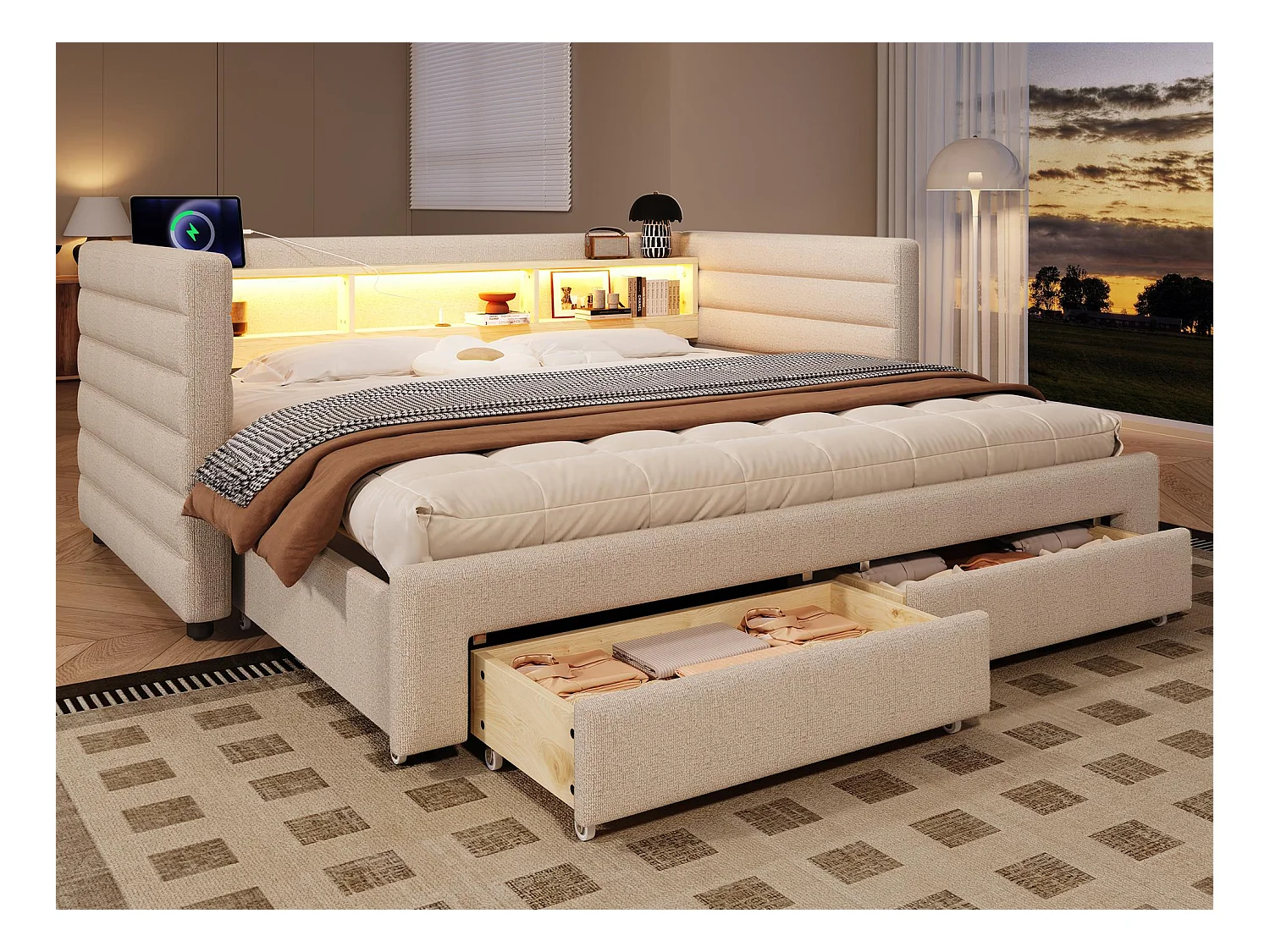 Canapé-lit 90x190 cm - avec lit gigogne - avec ports USB + Type-C - avec 2 tiroirs - bande lumineuse LED - beige (matelas non inclus)