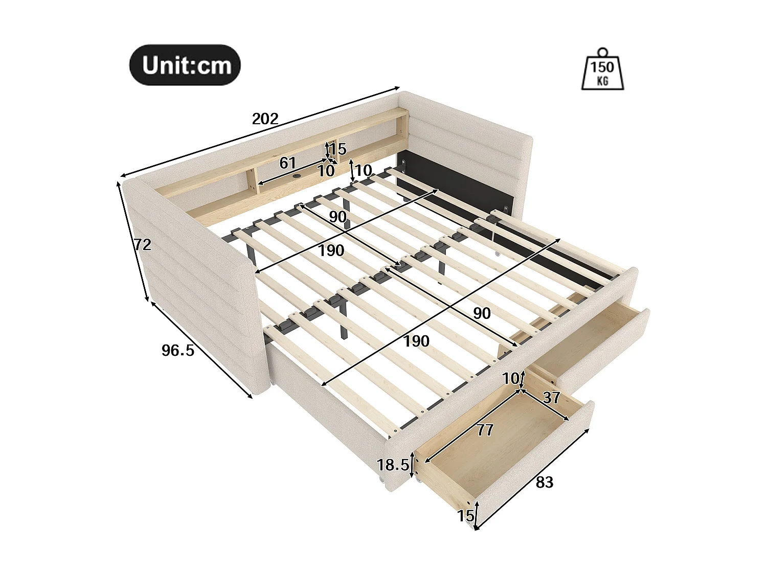Canapé-lit 90x190 cm - avec lit gigogne - avec ports USB + Type-C - avec 2 tiroirs - bande lumineuse LED - beige (matelas non inclus)