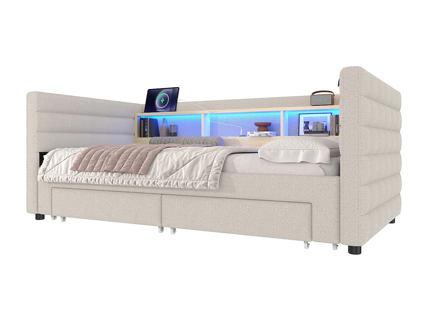 Canapé-lit 90x190 cm - avec lit gigogne - avec ports USB + Type-C - avec 2 tiroirs - bande lumineuse LED - beige (matelas non inclus)