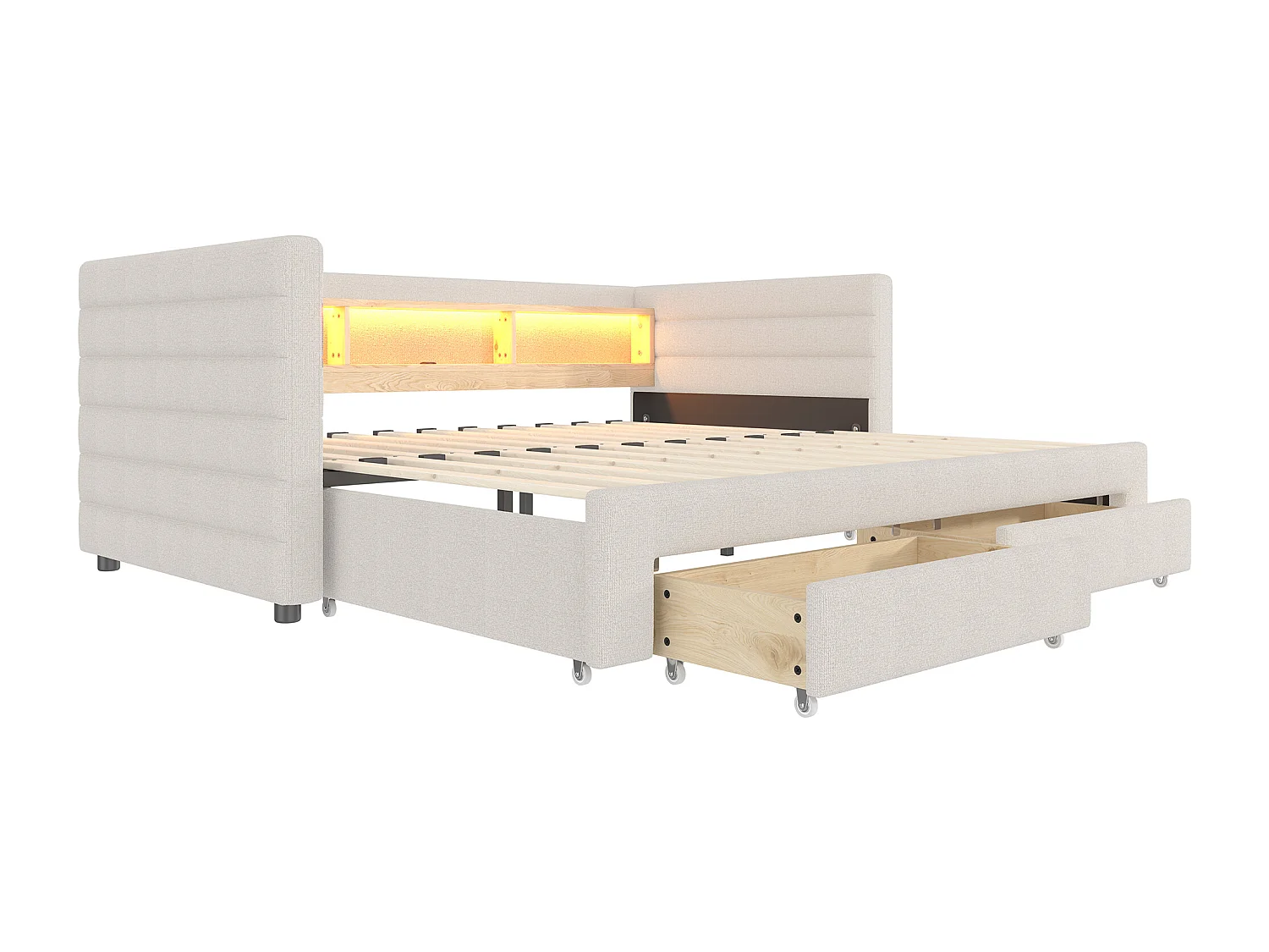 Canapé-lit 90x190 cm - avec lit gigogne - avec ports USB + Type-C - avec 2 tiroirs - bande lumineuse LED - beige (matelas non inclus)