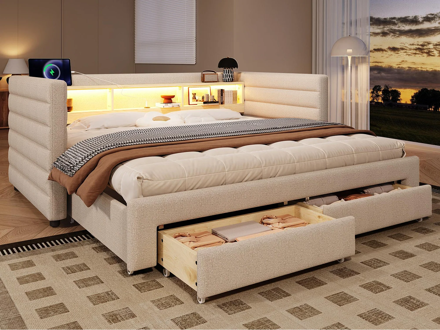 Sofa bed 90x190 cm - with pull-out bed - with USB + Type-C ports - with 2 drawers - LED light strip - beige (mattress not included)