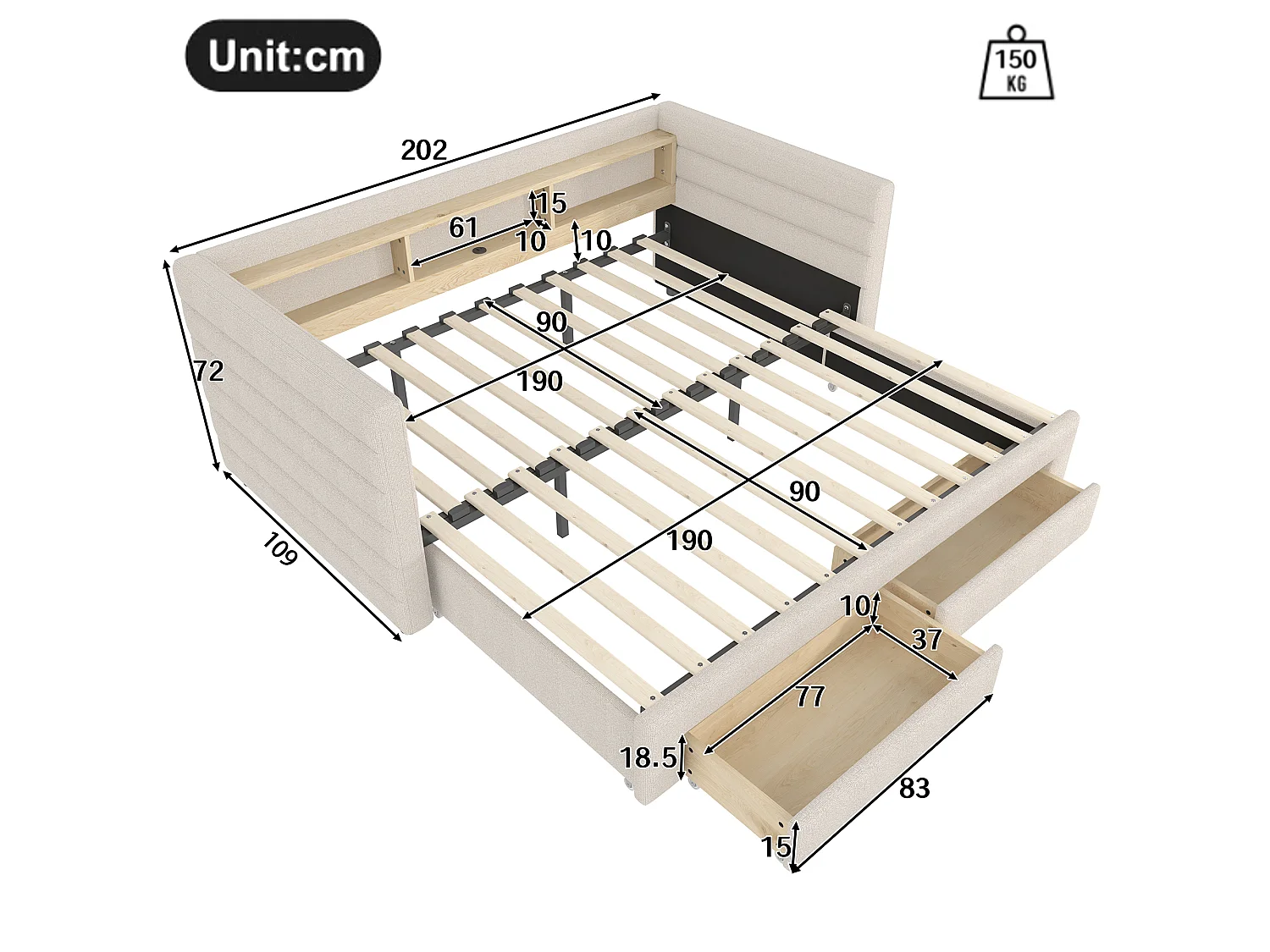 Sofa bed 90x190 cm - with pull-out bed - with USB + Type-C ports - with 2 drawers - LED light strip - beige (mattress not included)
