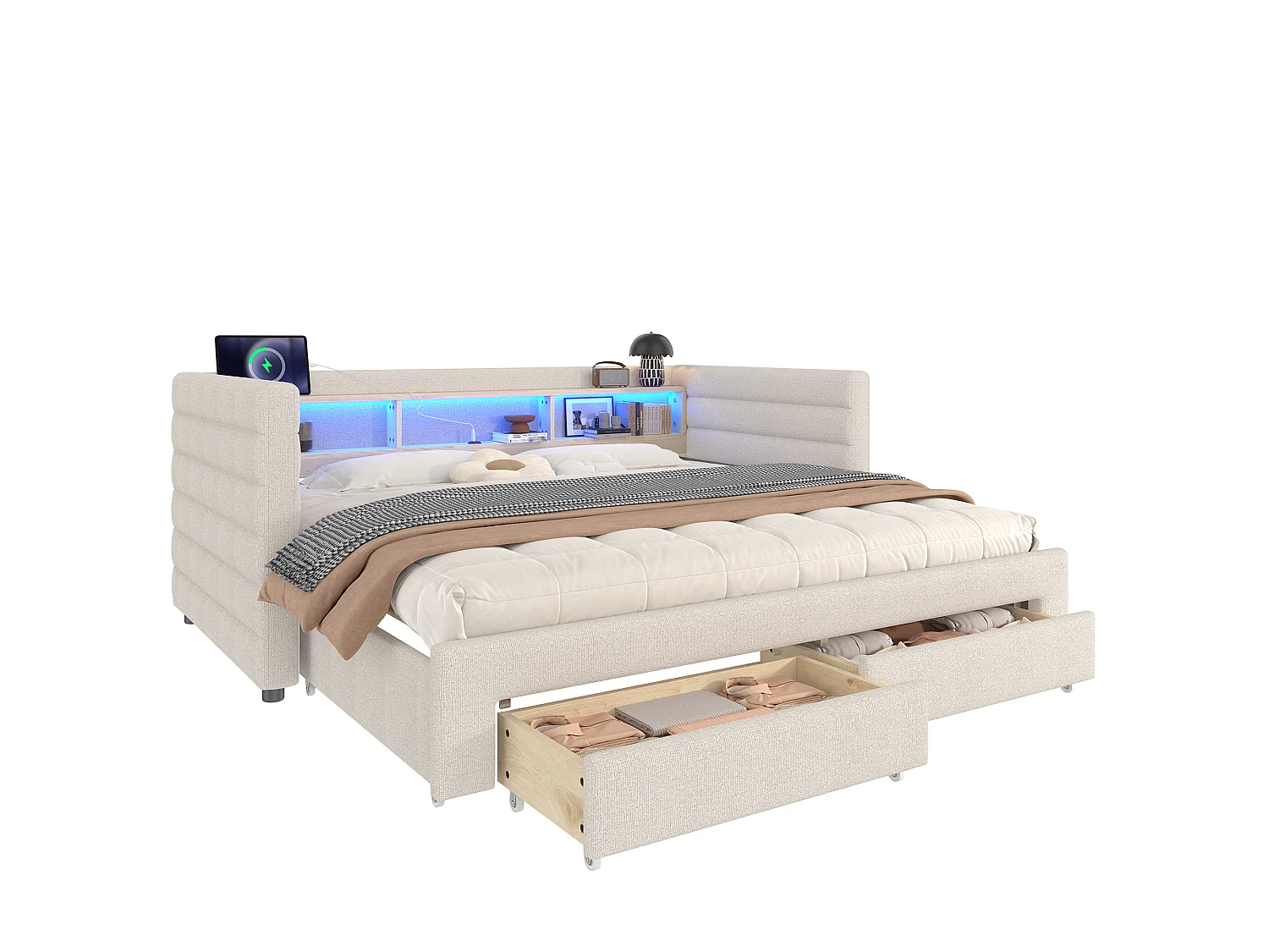 Sofa bed 90x190 cm - with pull-out bed - with USB + Type-C ports - with 2 drawers - LED light strip - beige (mattress not included)