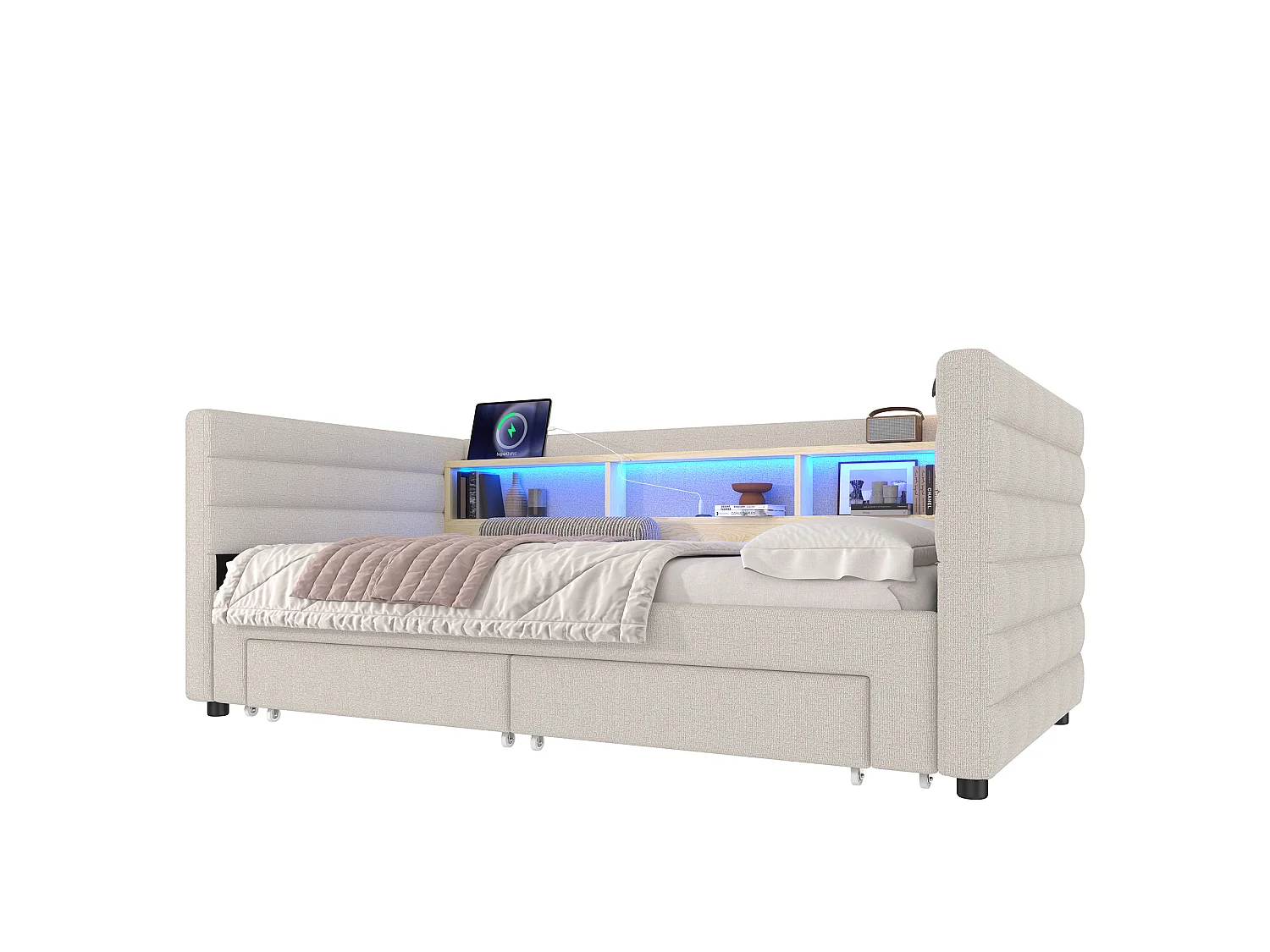 Sofa bed 90x190 cm - with pull-out bed - with USB + Type-C ports - with 2 drawers - LED light strip - beige (mattress not included)