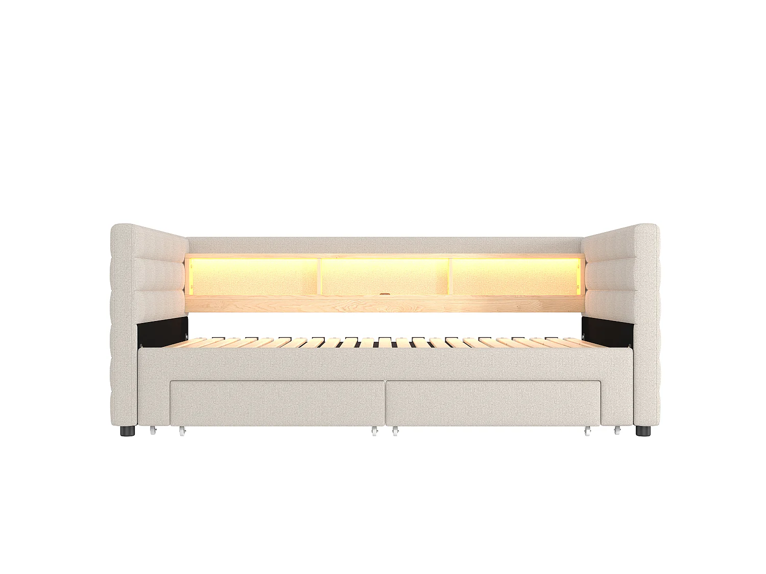 Sofa bed 90x190 cm - with pull-out bed - with USB + Type-C ports - with 2 drawers - LED light strip - beige (mattress not included)