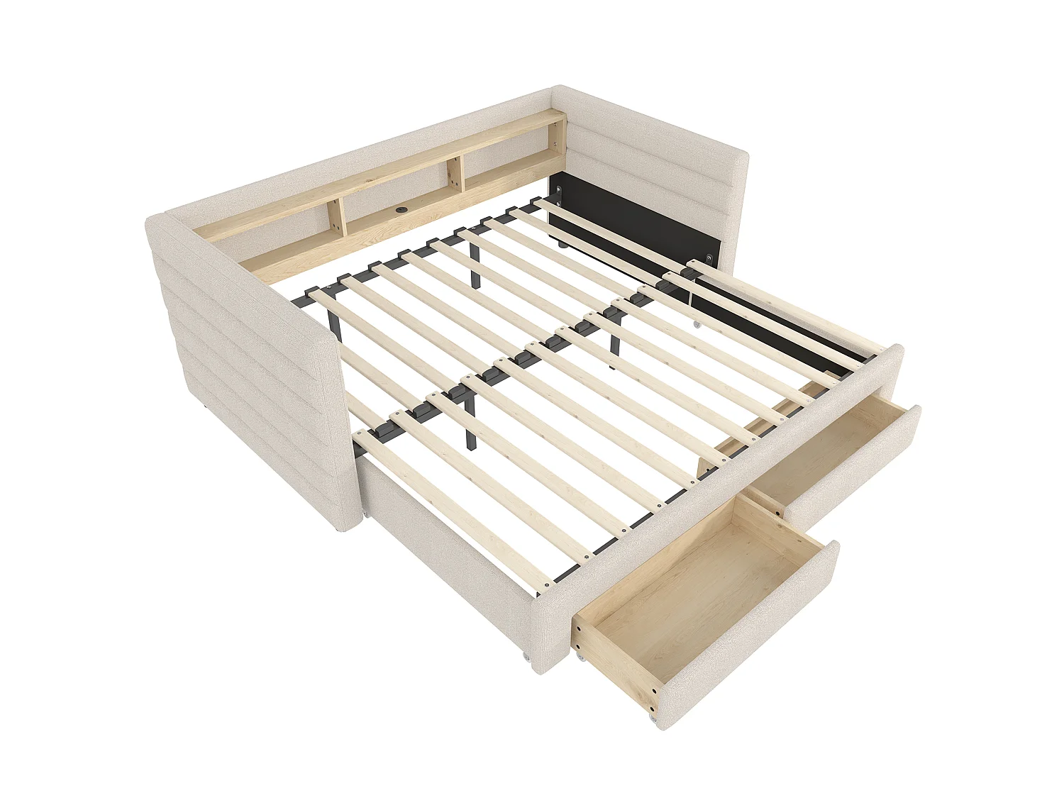 Sofa bed 90x190 cm - with pull-out bed - with USB + Type-C ports - with 2 drawers - LED light strip - beige (mattress not included)