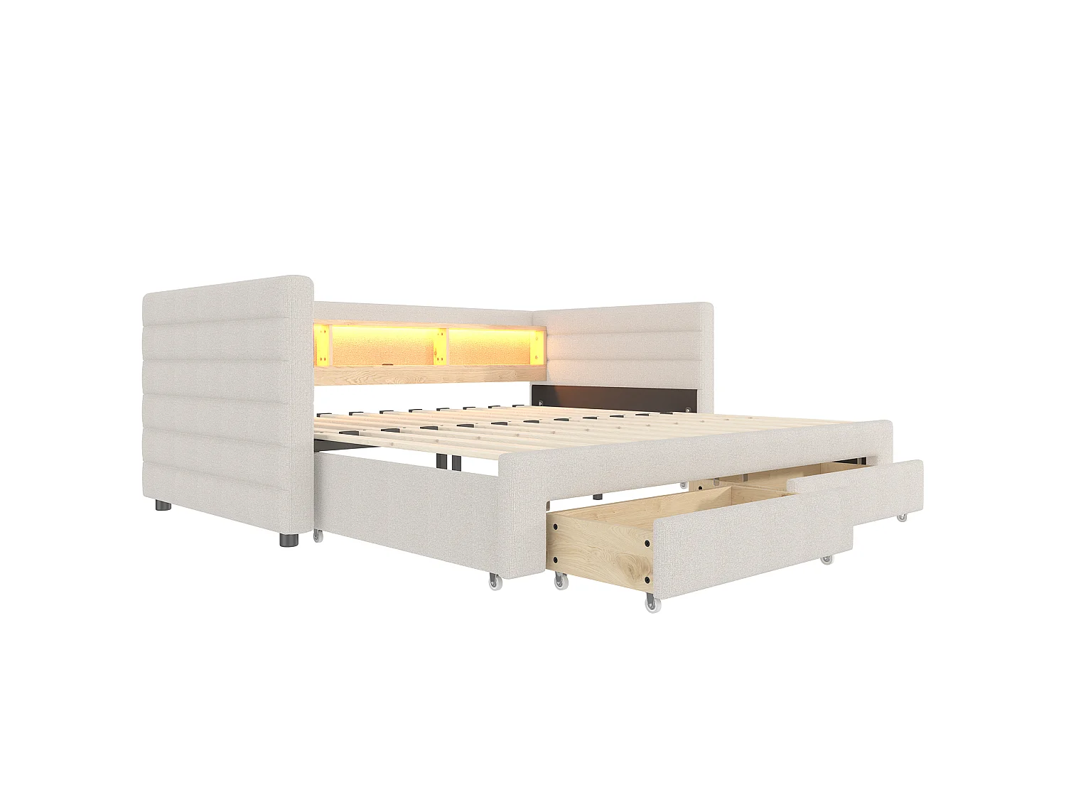 Sofa bed 90x190 cm - with pull-out bed - with USB + Type-C ports - with 2 drawers - LED light strip - beige (mattress not included)