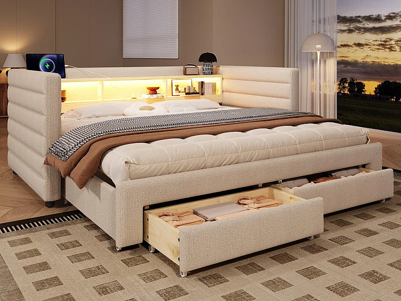 Schlafsofa 90x190 cm - mit ausziehbarer Schlaffunktion - mit USB- + Type-C-Anschlüssen - mit 2 Schubladen - LED-Leiste - beige (Matratze nicht inbegriffen)