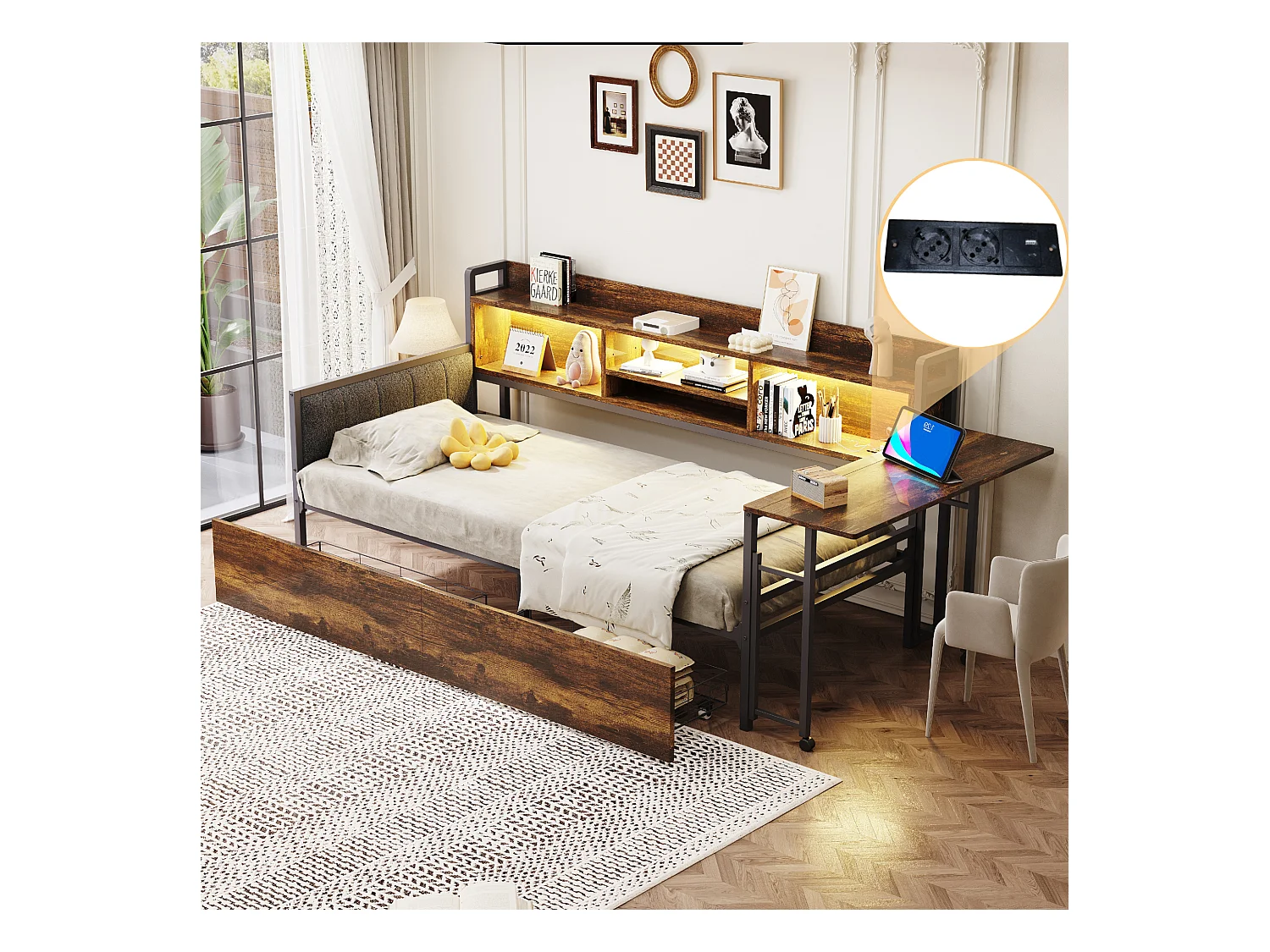 Canapé-lit en fer 90 x 200 cm - avec Leds + rangements + tiroirs + bureau rabattable + dossier - métal - naturel