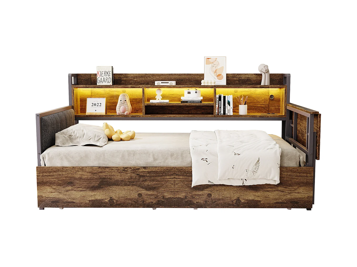 Canapé-lit en fer 90 x 200 cm - avec Leds + rangements + tiroirs + bureau rabattable + dossier - métal - naturel