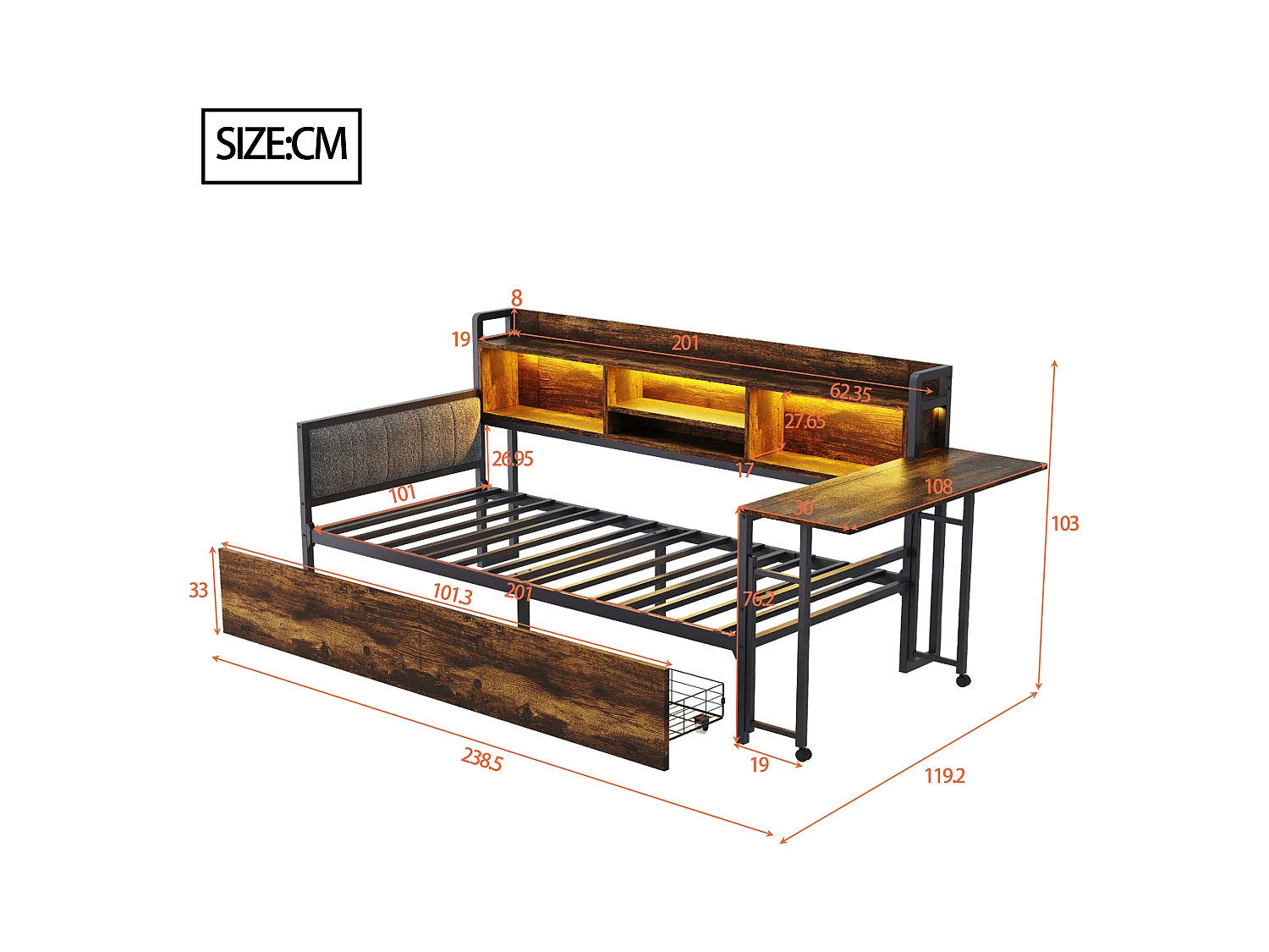 Canapé-lit en fer 90 x 200 cm - avec Leds + rangements + tiroirs + bureau rabattable + dossier - métal - naturel
