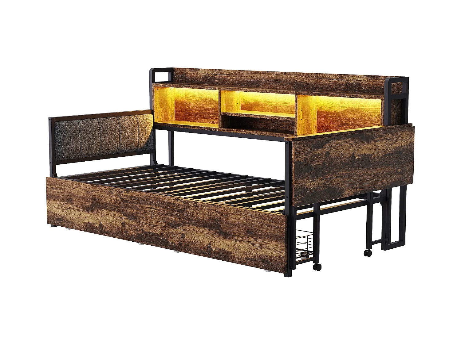 Canapé-lit en fer 90 x 200 cm - avec Leds + rangements + tiroirs + bureau rabattable + dossier - métal - naturel