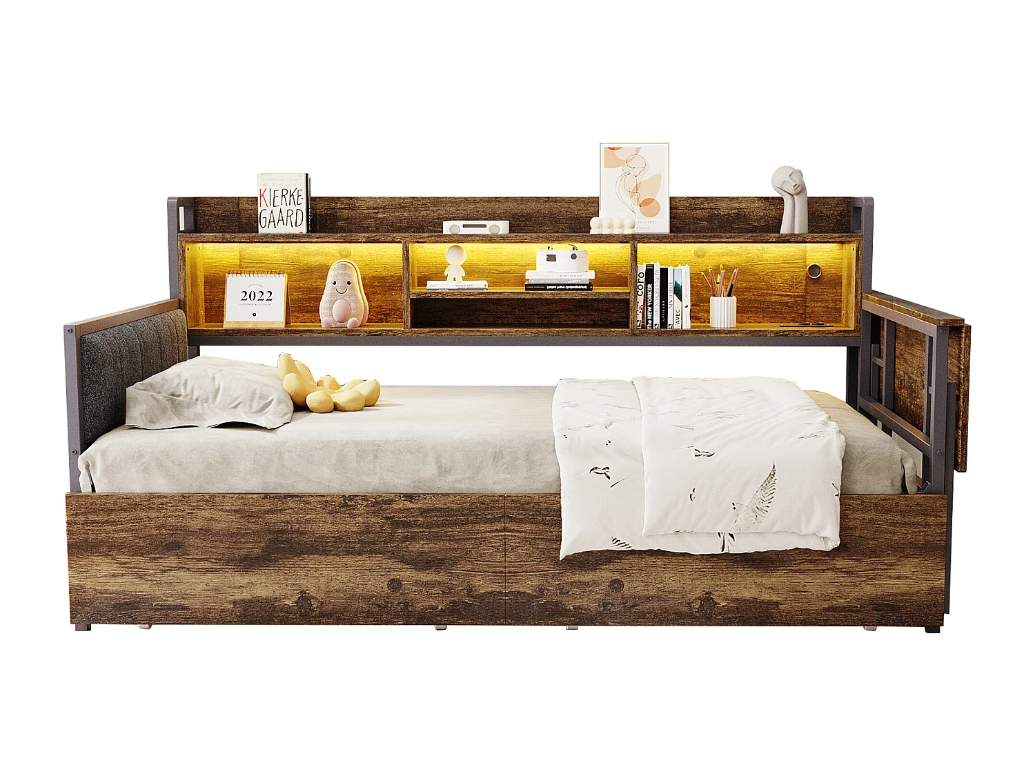 Canapé-lit en fer 90 x 200 cm - avec Leds + rangements + tiroirs + bureau rabattable + dossier - métal - naturel