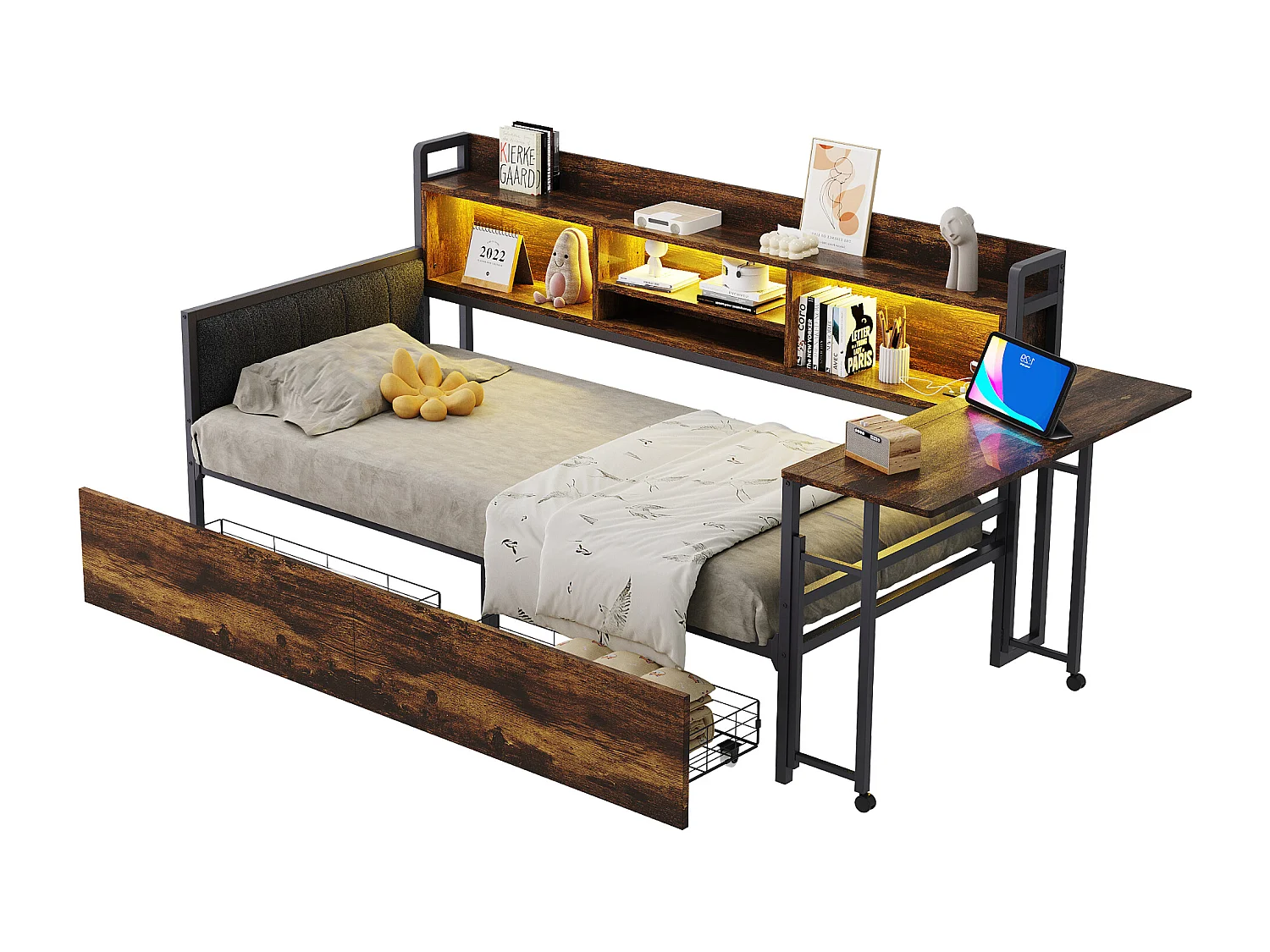 Canapé-lit en fer 90 x 200 cm - avec Leds + rangements + tiroirs + bureau rabattable + dossier - métal - naturel