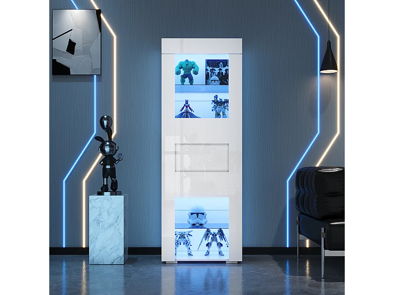 Vitrine brillant avec Leds + 2 étagères en verre + meuble de salon - 60 x 40 x 170 cm - MDF + verre - blanc