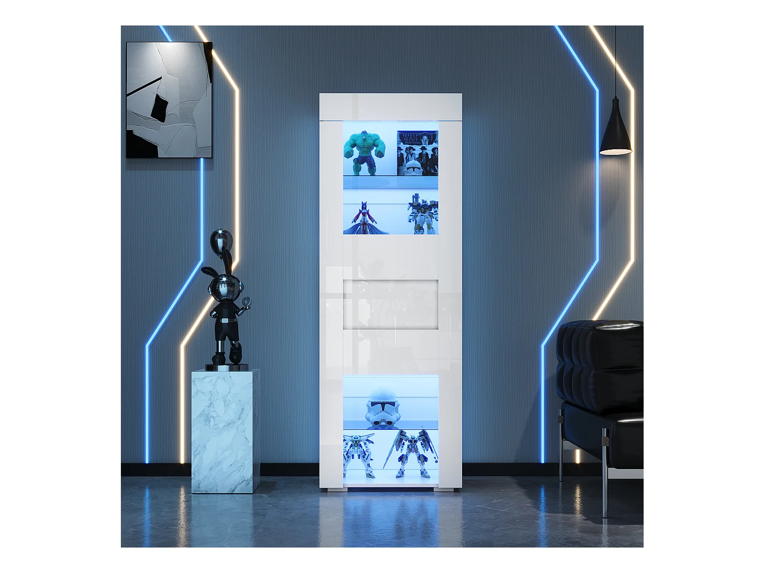 Vitrine brillant avec Leds + 2 étagères en verre + meuble de salon - 60 x 40 x 170 cm - MDF + verre - blanc