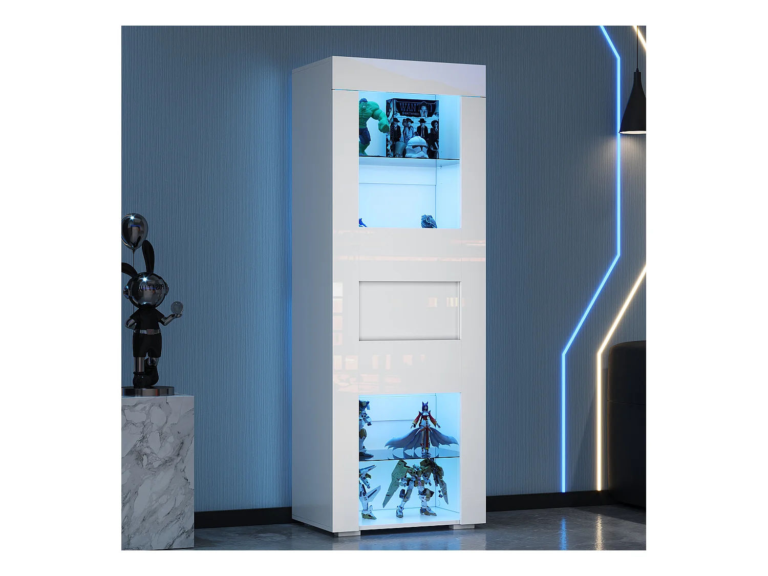Vitrine brillant avec Leds + 2 étagères en verre + meuble de salon - 60 x 40 x 170 cm - MDF + verre - blanc