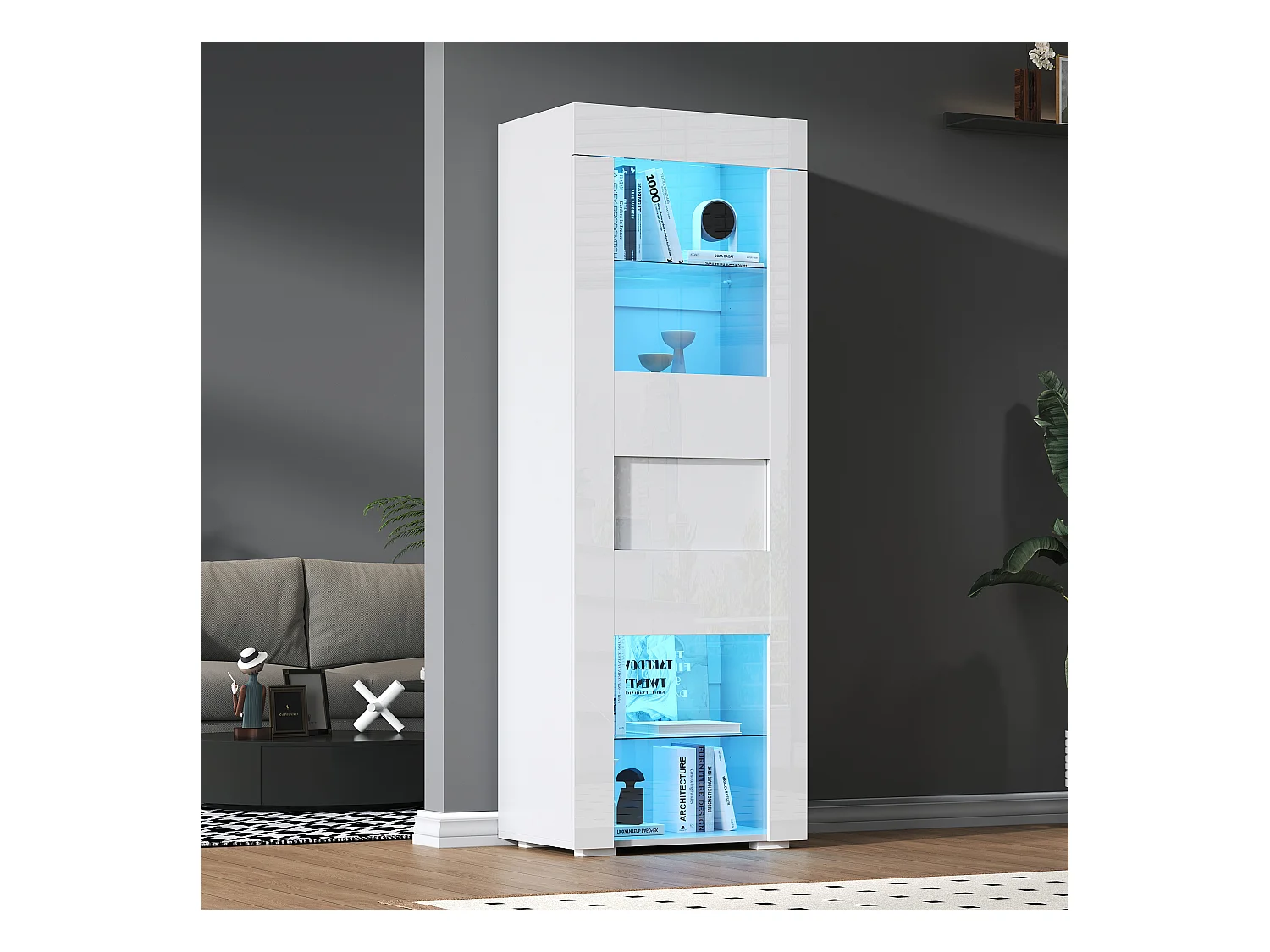 Vitrine brillant avec Leds + 2 étagères en verre + meuble de salon - 60 x 40 x 170 cm - MDF + verre - blanc