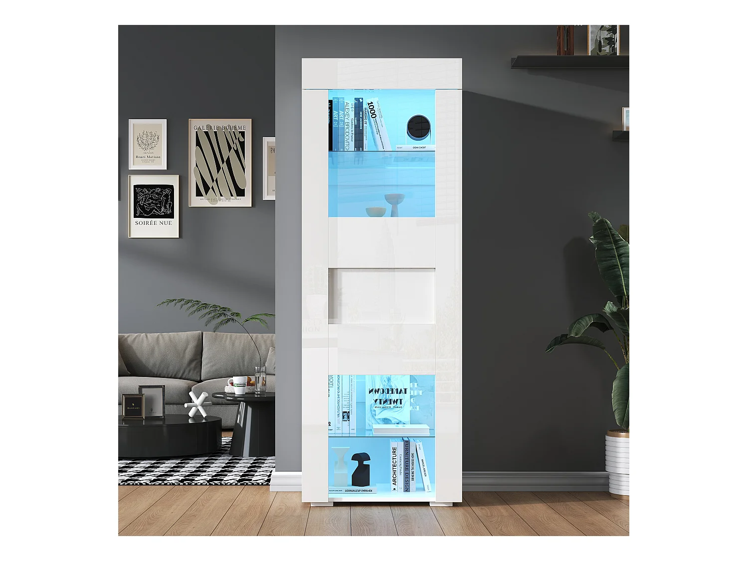 Vitrine brillant avec Leds + 2 étagères en verre + meuble de salon - 60 x 40 x 170 cm - MDF + verre - blanc