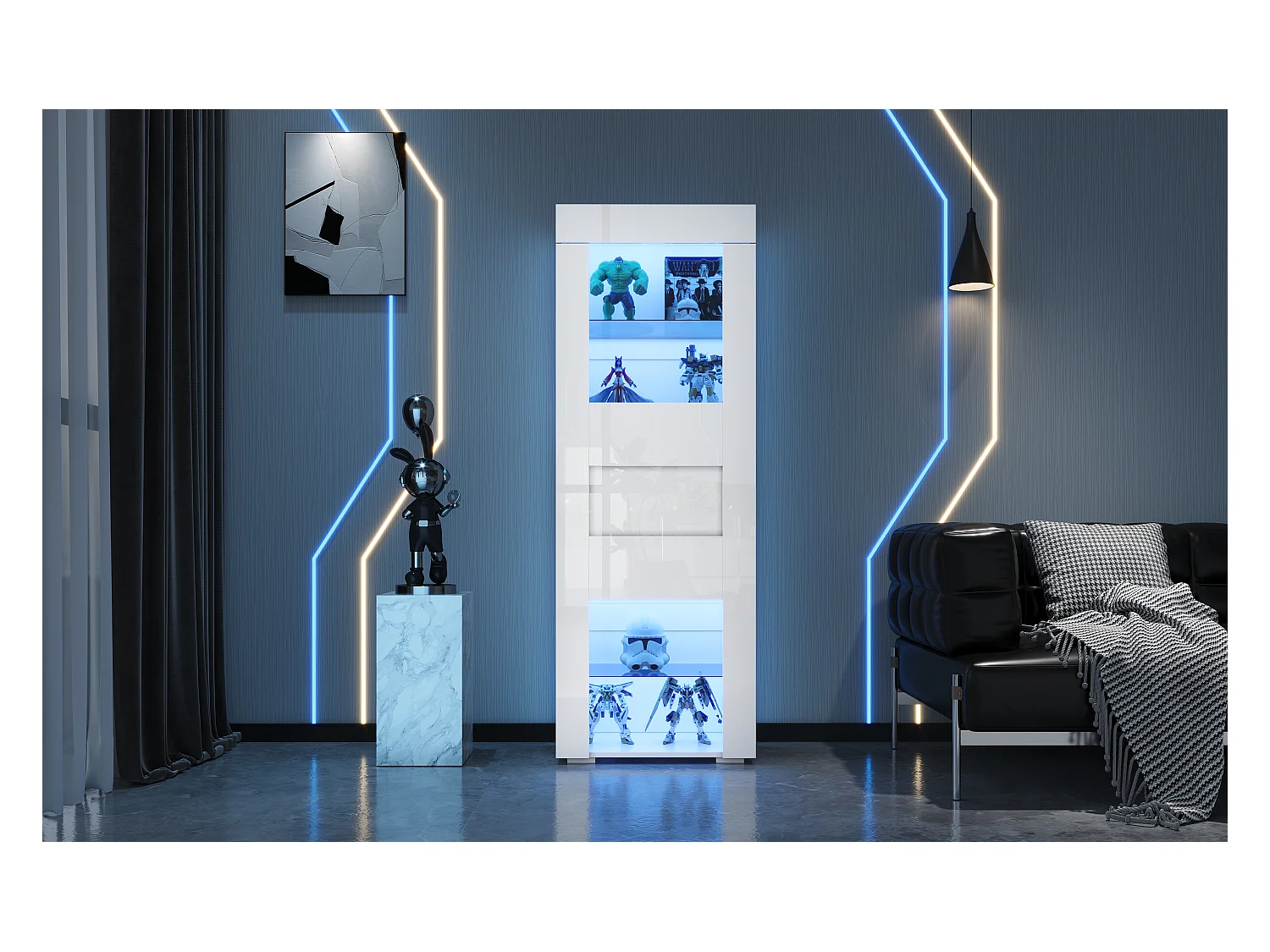 Vitrine brillant avec Leds + 2 étagères en verre + meuble de salon - 60 x 40 x 170 cm - MDF + verre - blanc