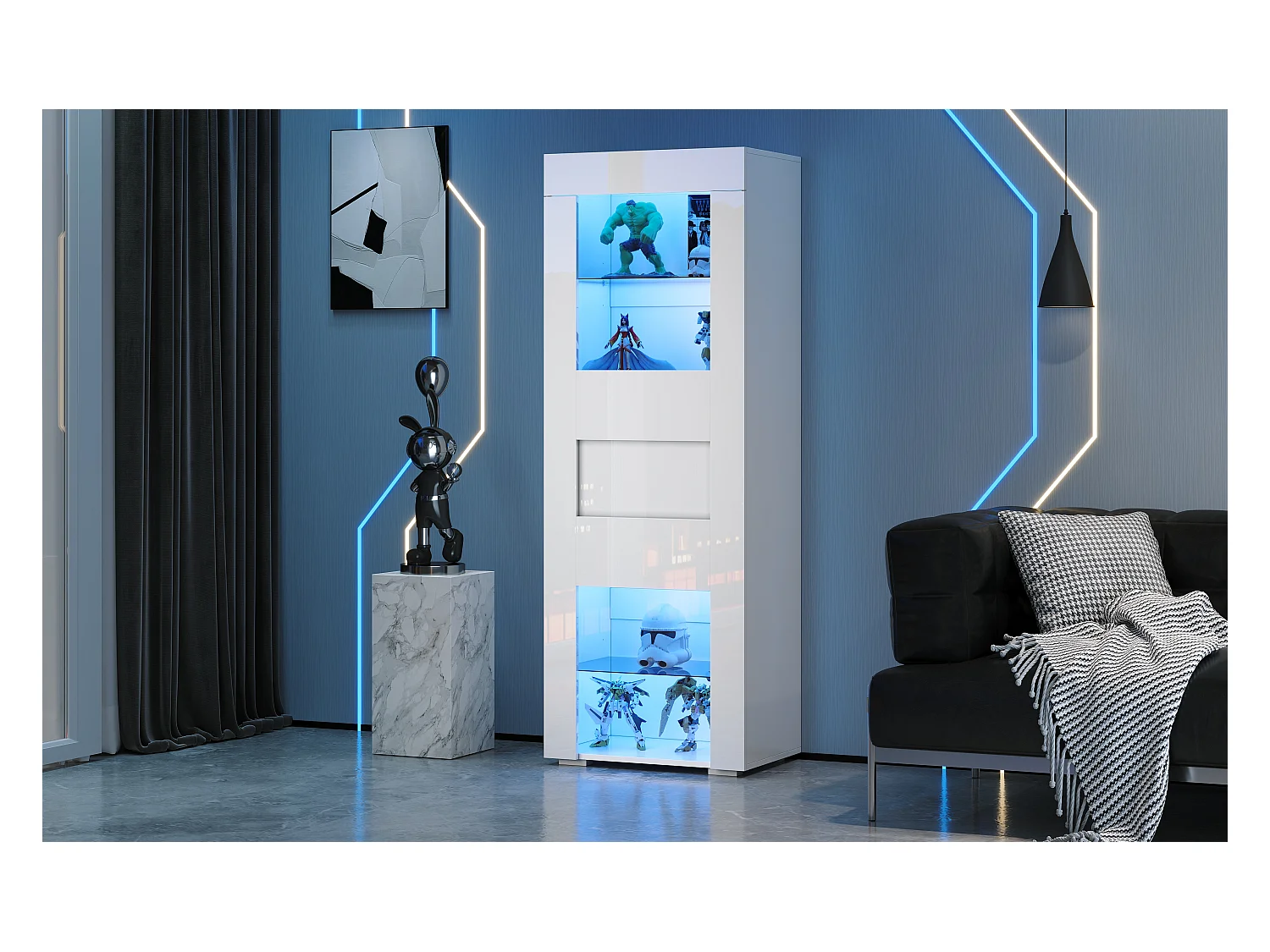 Vitrine brillant avec Leds + 2 étagères en verre + meuble de salon - 60 x 40 x 170 cm - MDF + verre - blanc