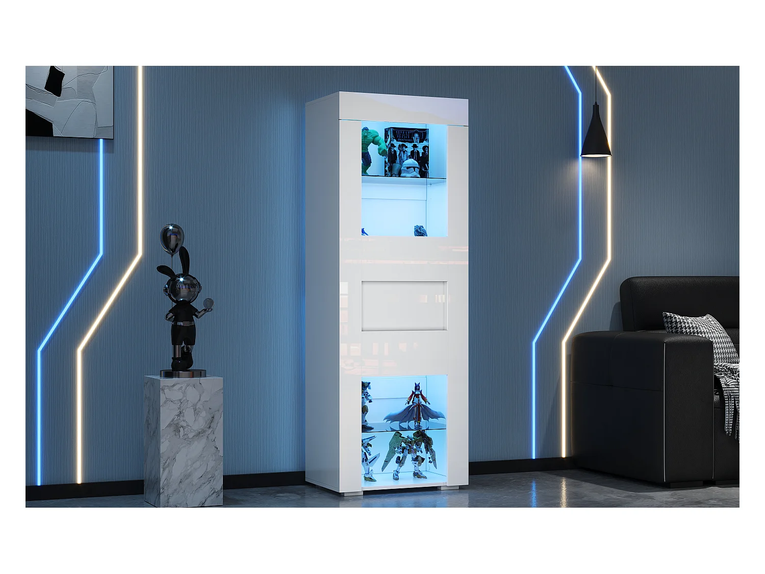 Vitrine brillant avec Leds + 2 étagères en verre + meuble de salon - 60 x 40 x 170 cm - MDF + verre - blanc
