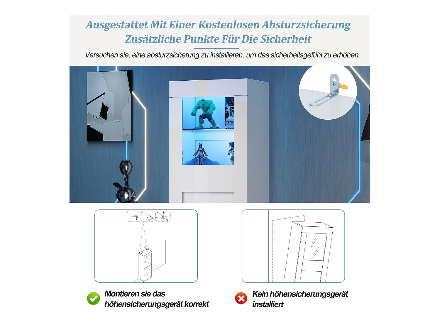 Vitrine brillant avec Leds + 2 étagères en verre + meuble de salon - 60 x 40 x 170 cm - MDF + verre - blanc
