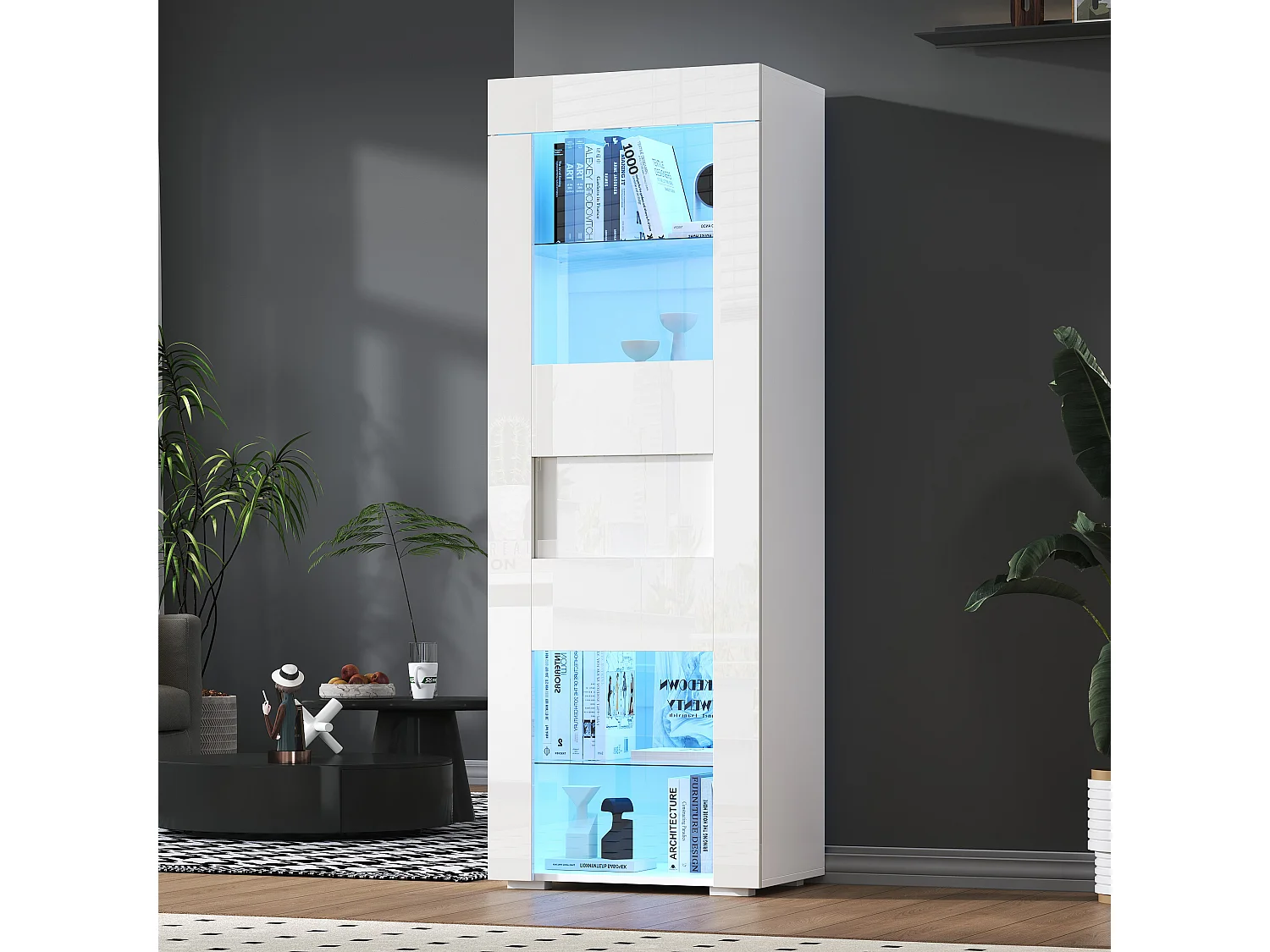 Vitrine brillant avec Leds + 2 étagères en verre + meuble de salon - 60 x 40 x 170 cm - MDF + verre - blanc