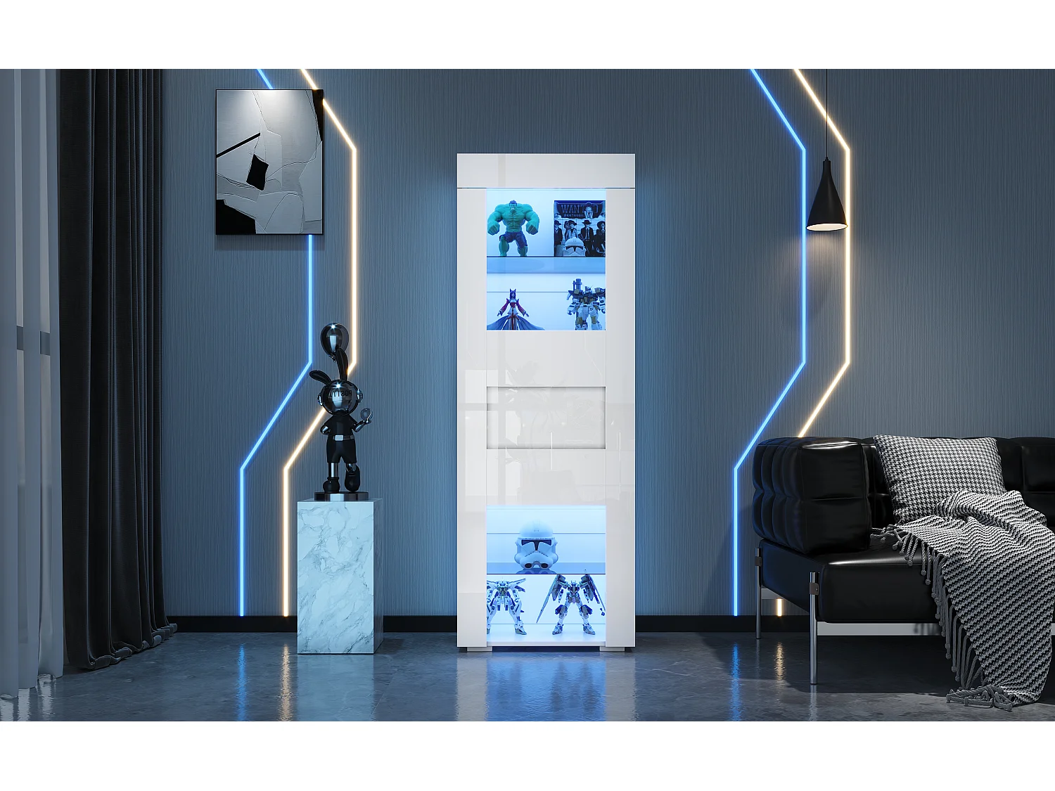 Vitrine brillant avec Leds + 2 étagères en verre + meuble de salon - 60 x 40 x 170 cm - MDF + verre - blanc