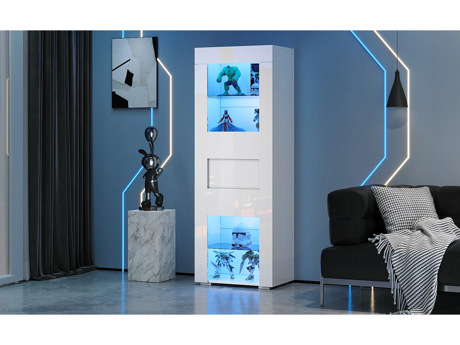 Vitrine brillant avec Leds + 2 étagères en verre + meuble de salon - 60 x 40 x 170 cm - MDF + verre - blanc