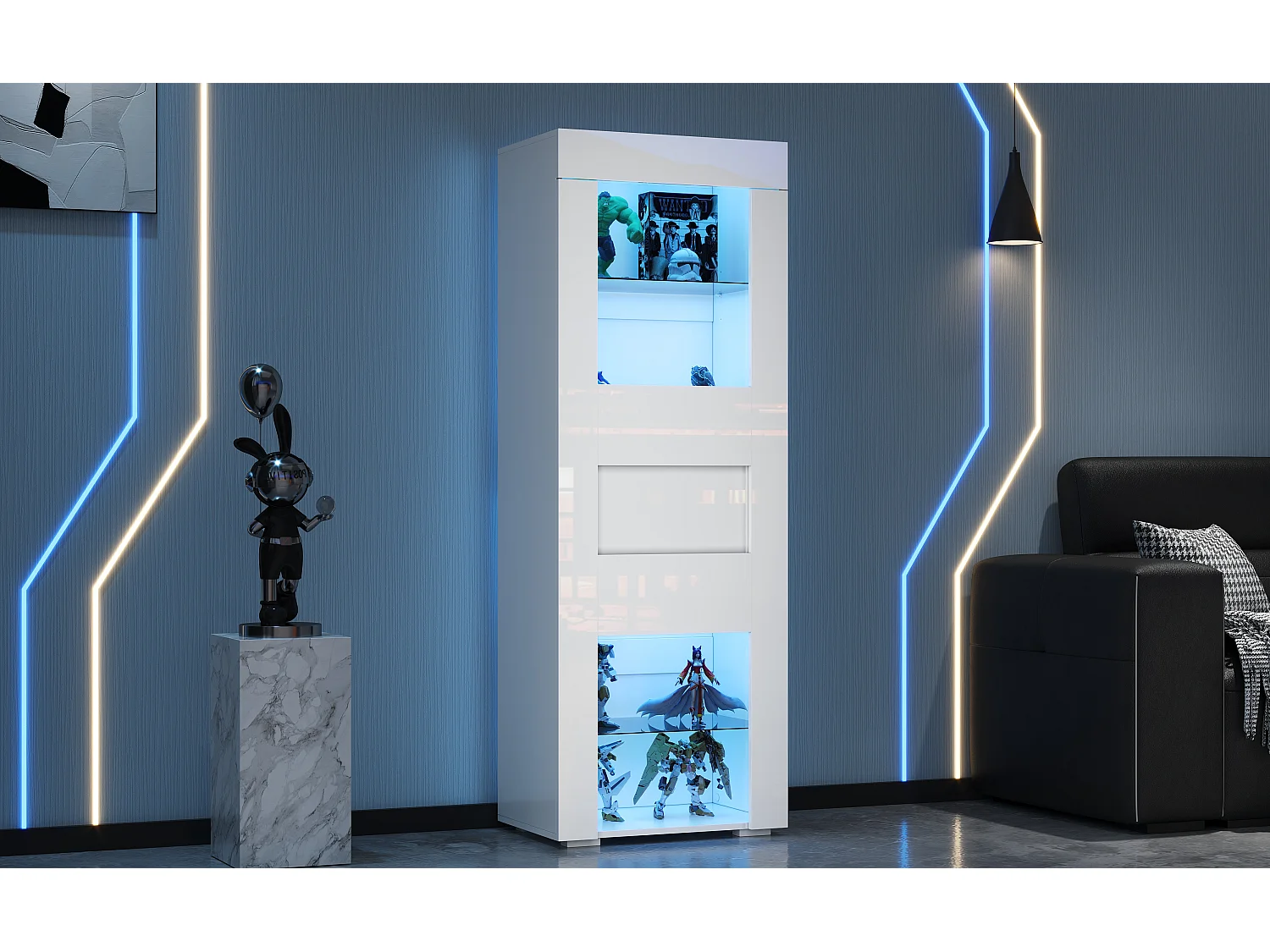 Vitrine brillant avec Leds + 2 étagères en verre + meuble de salon - 60 x 40 x 170 cm - MDF + verre - blanc