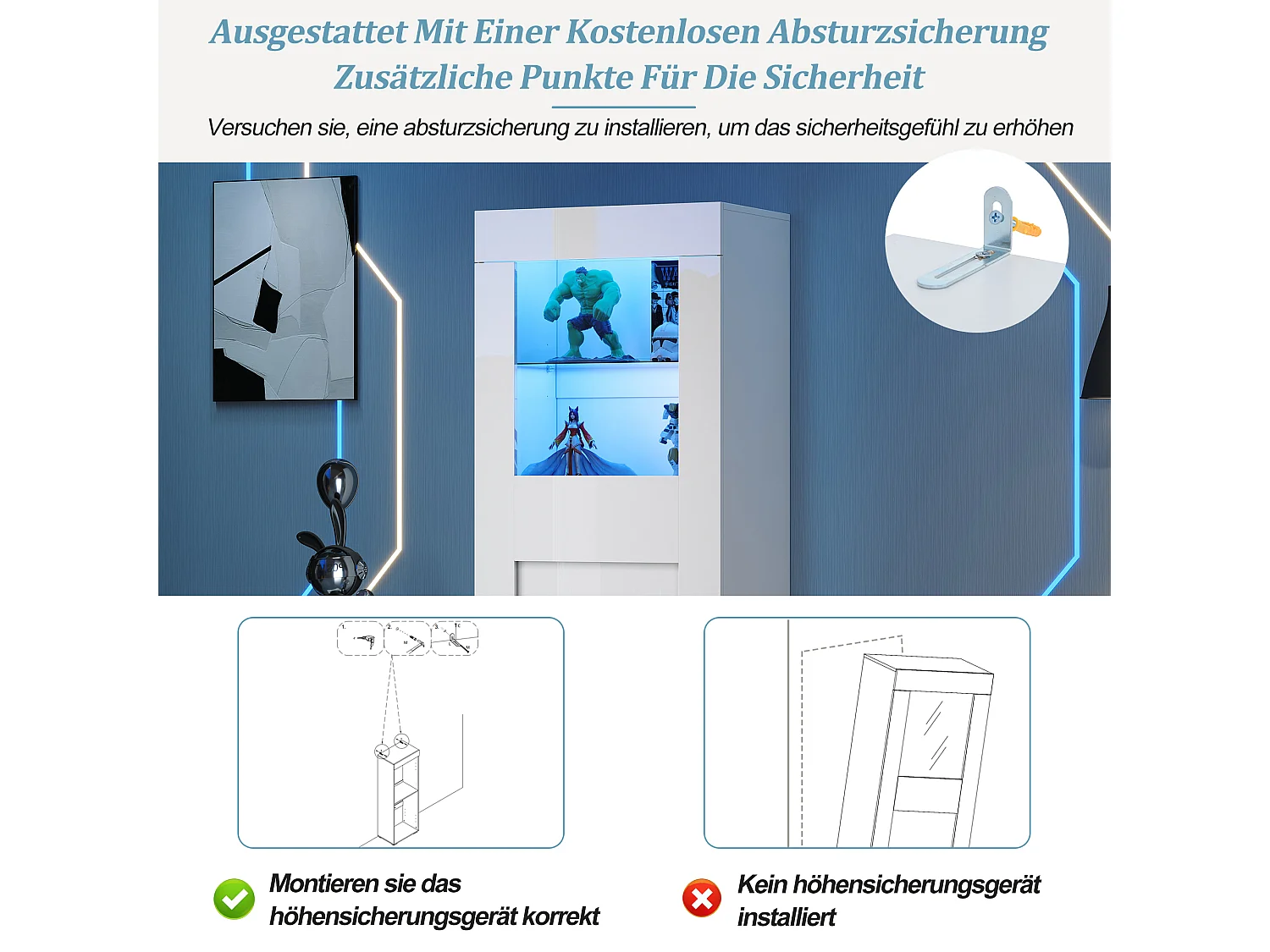 Vitrine brillant avec Leds + 2 étagères en verre + meuble de salon - 60 x 40 x 170 cm - MDF + verre - blanc